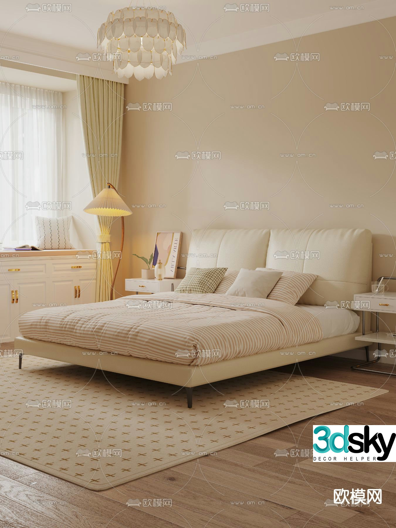 Cream style double bed 3d model
