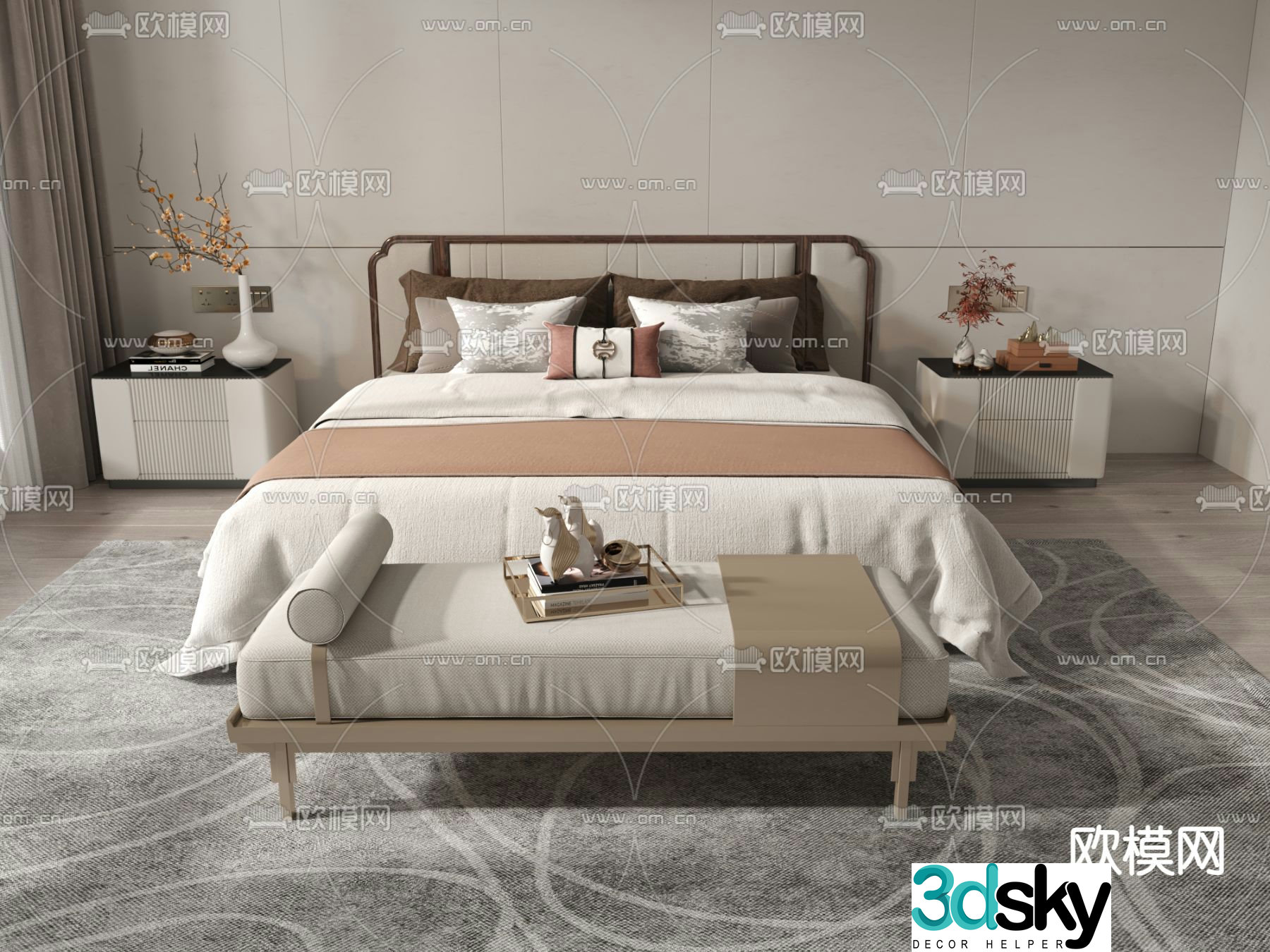 New Chinese style double bed 3d model