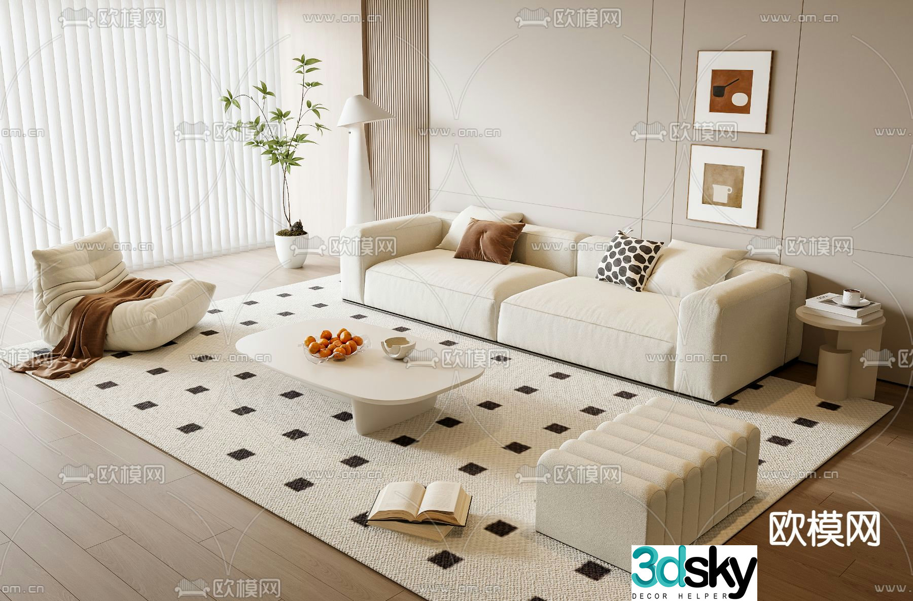Cream style sofa and coffee table combination 3D model
