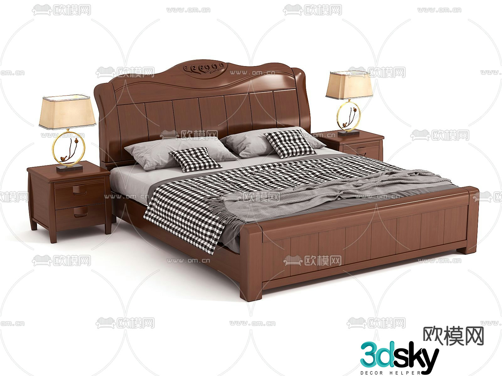 Modern Chinese solid wood bed 3d model