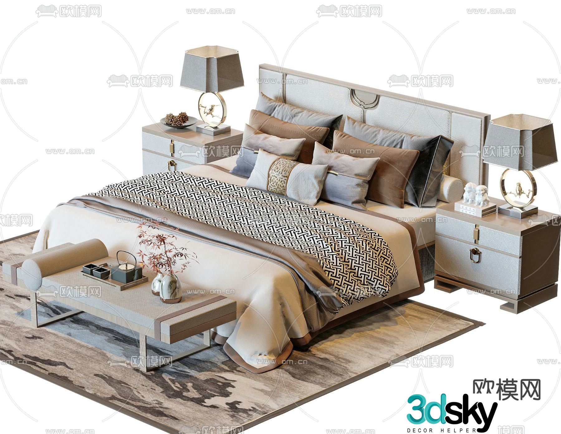 New Chinese style double bed 3d model