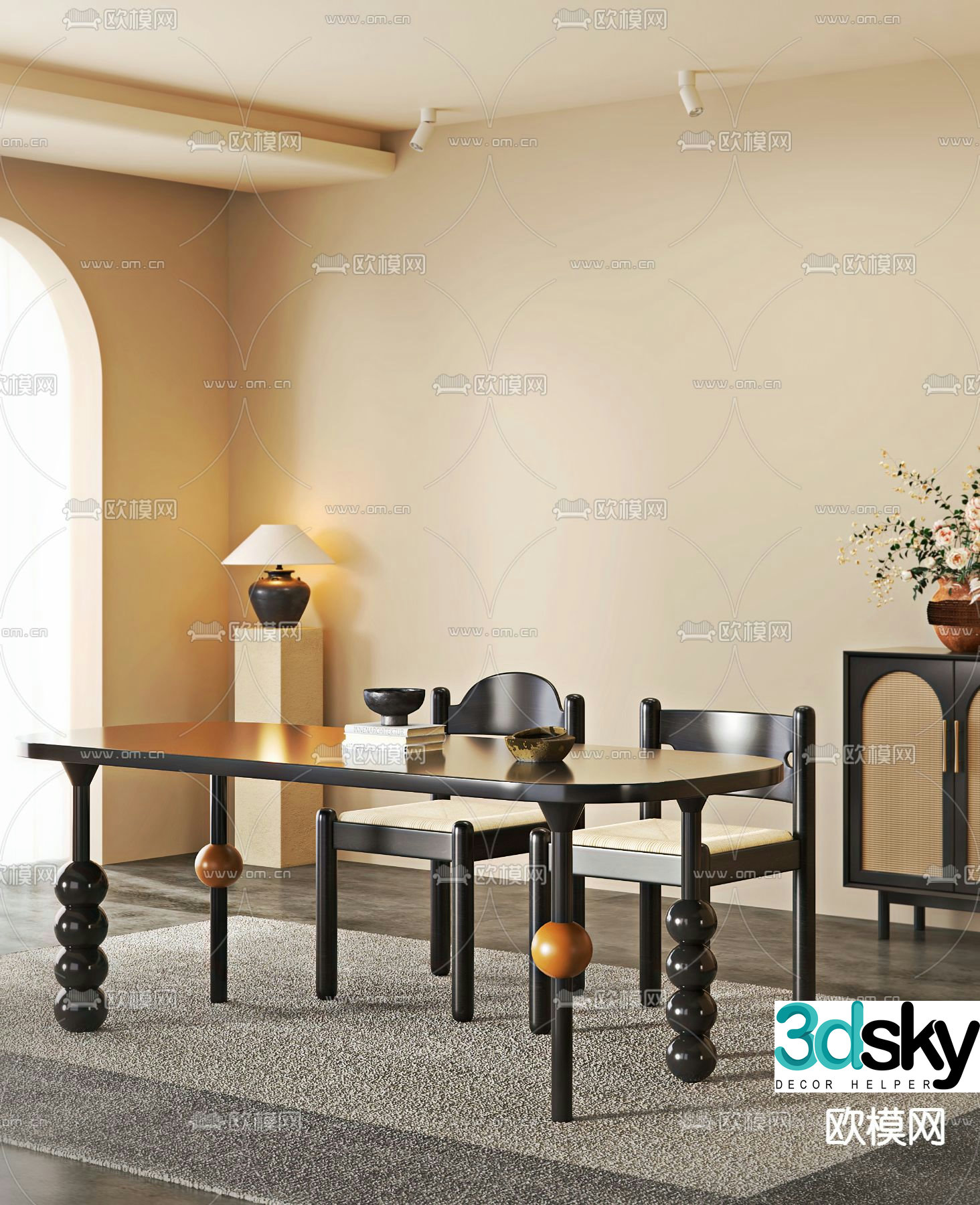 Medieval style dining table and dining chairs 3D model
