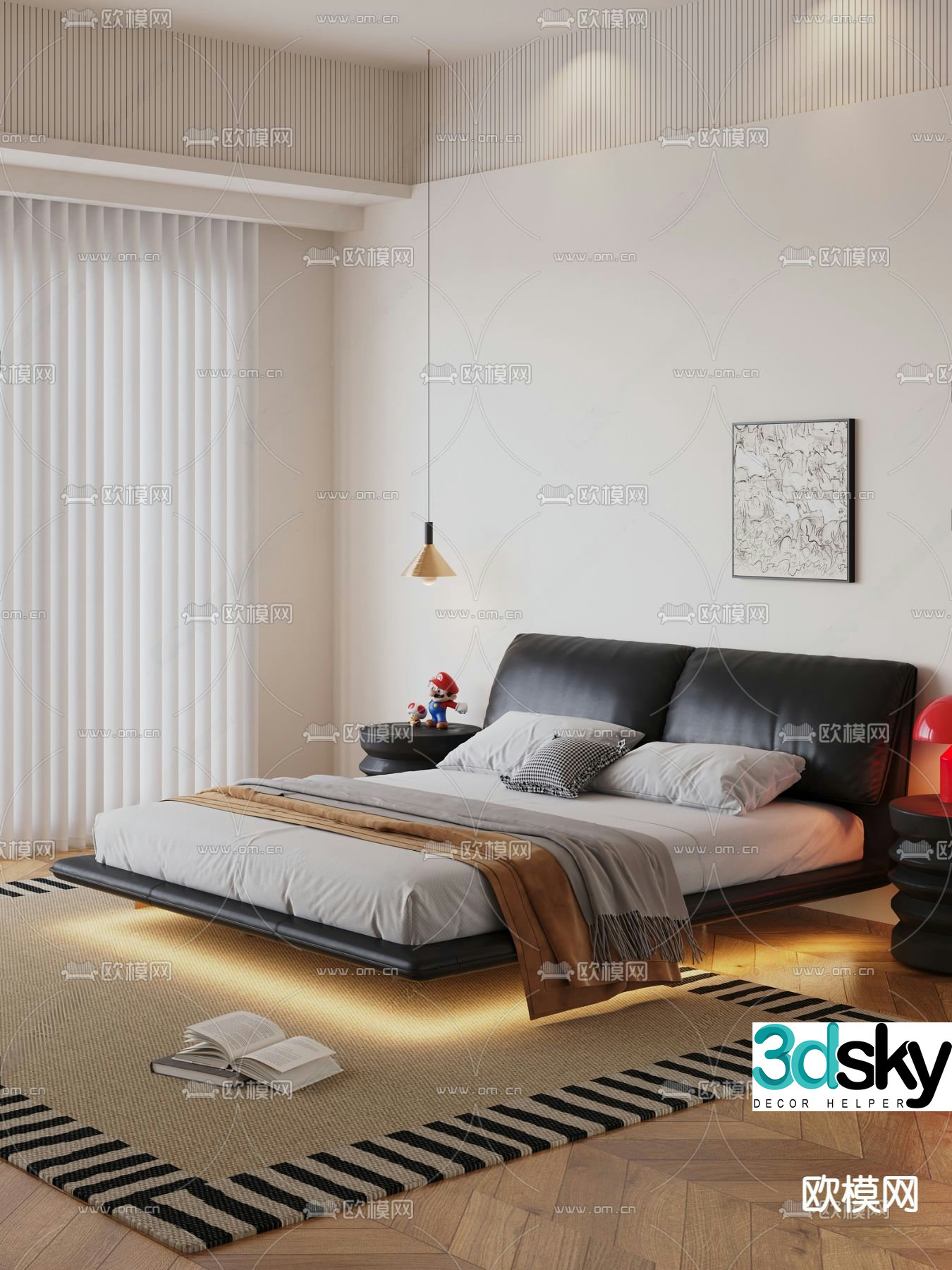 Double bed black leather bed 3d model