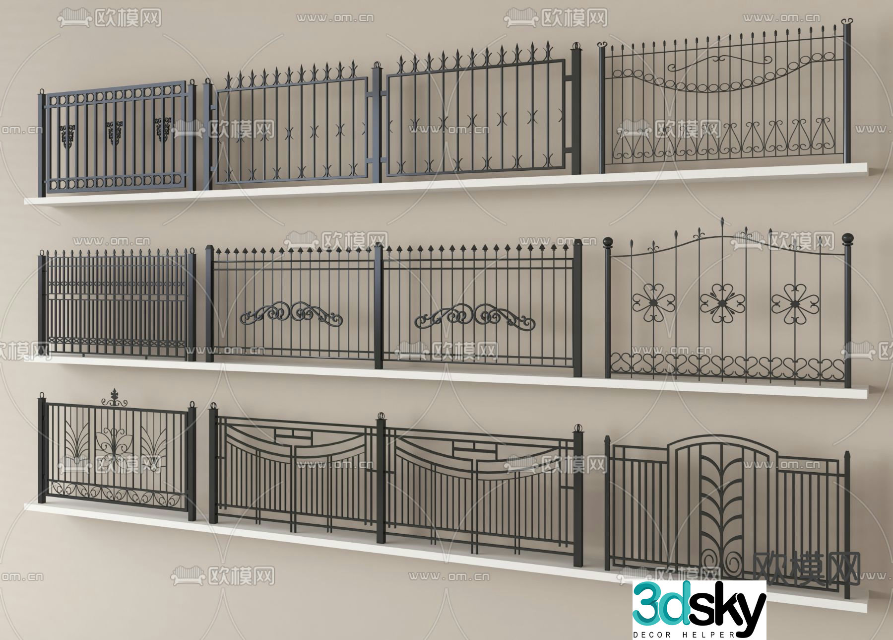 Wrought iron railing guardrail fence barrage 3d model