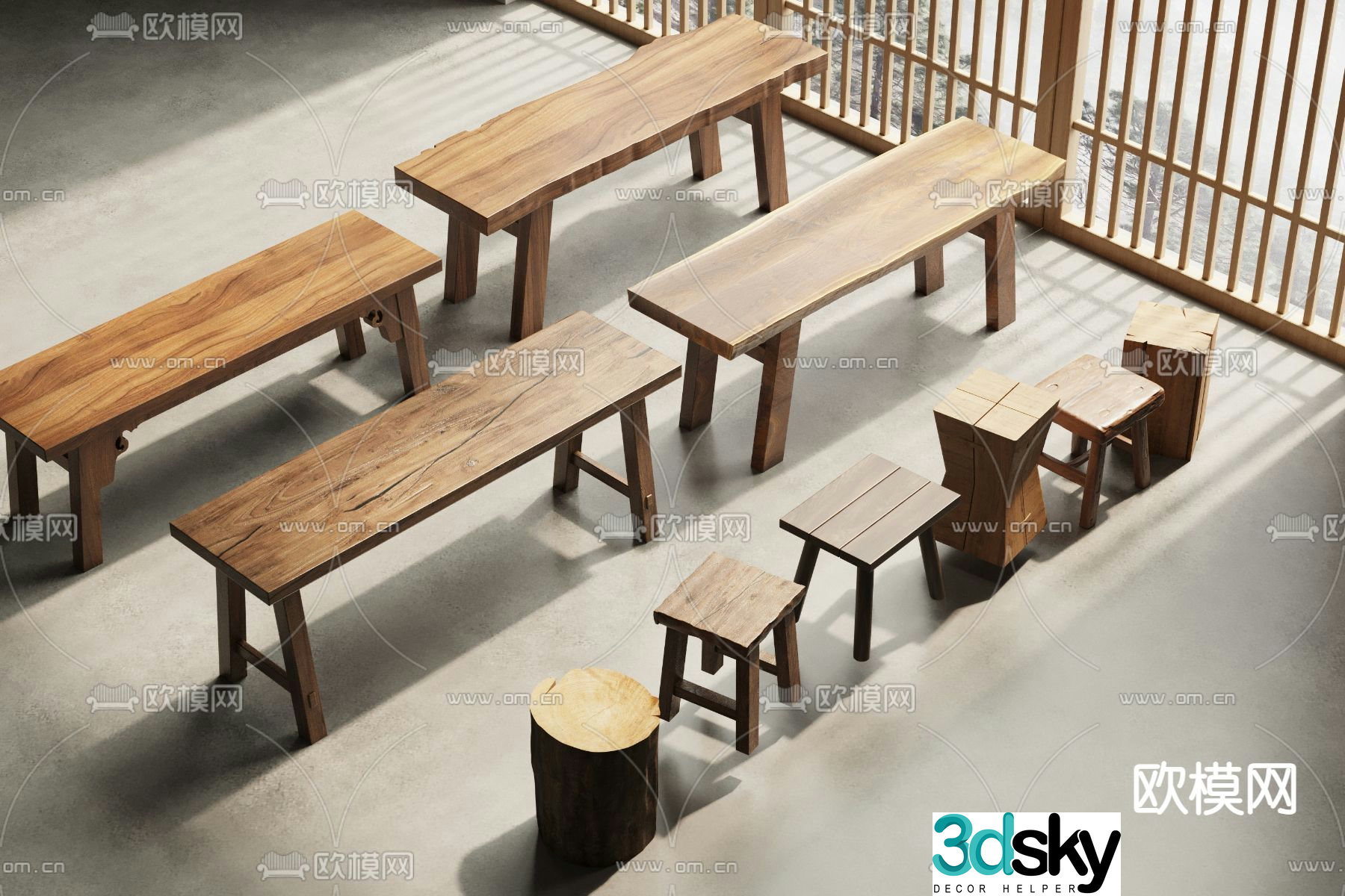 Stool wooden stool round stool bench 3d model