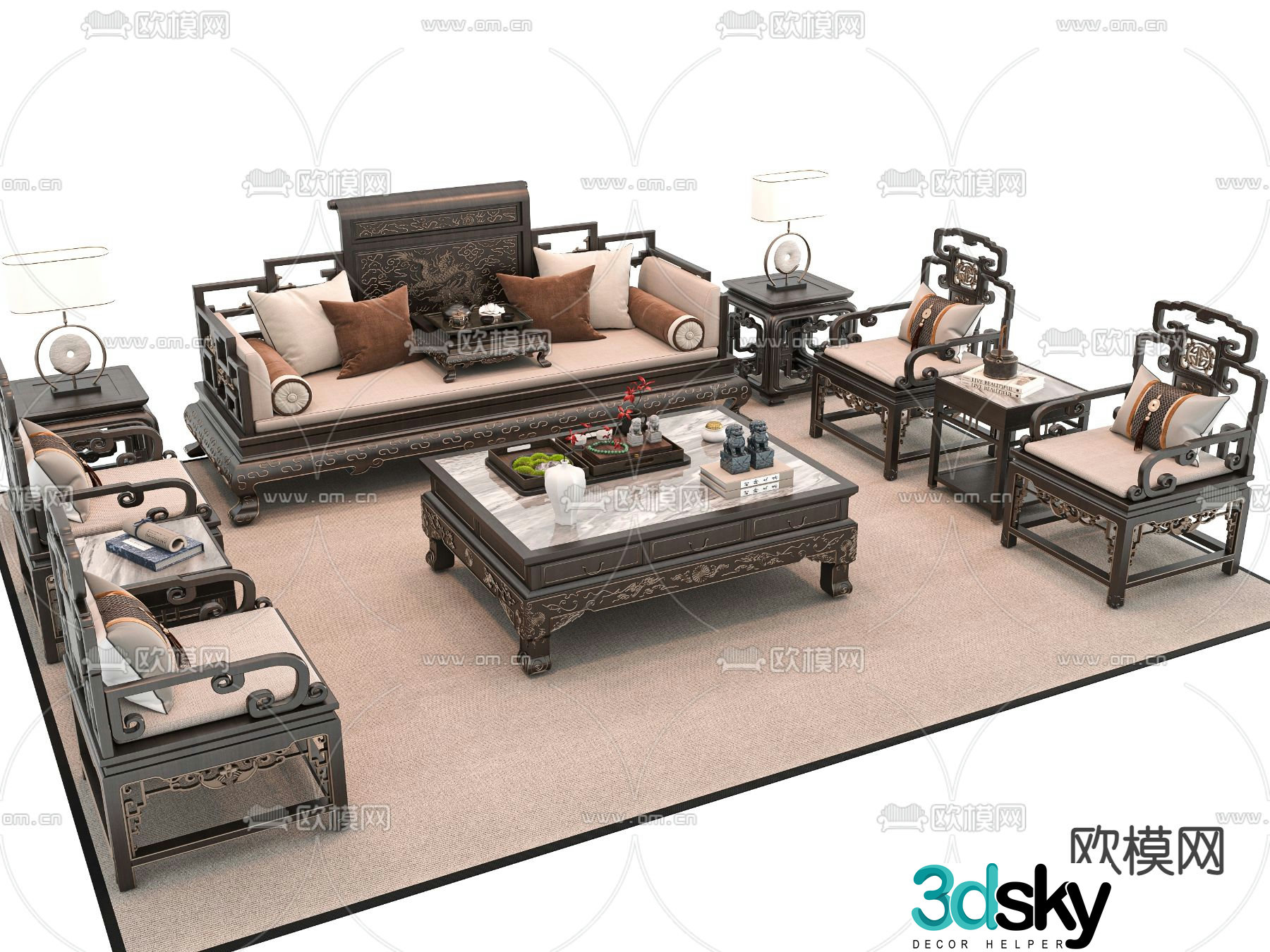 New Chinese style sofa multi-person sofa 3d model