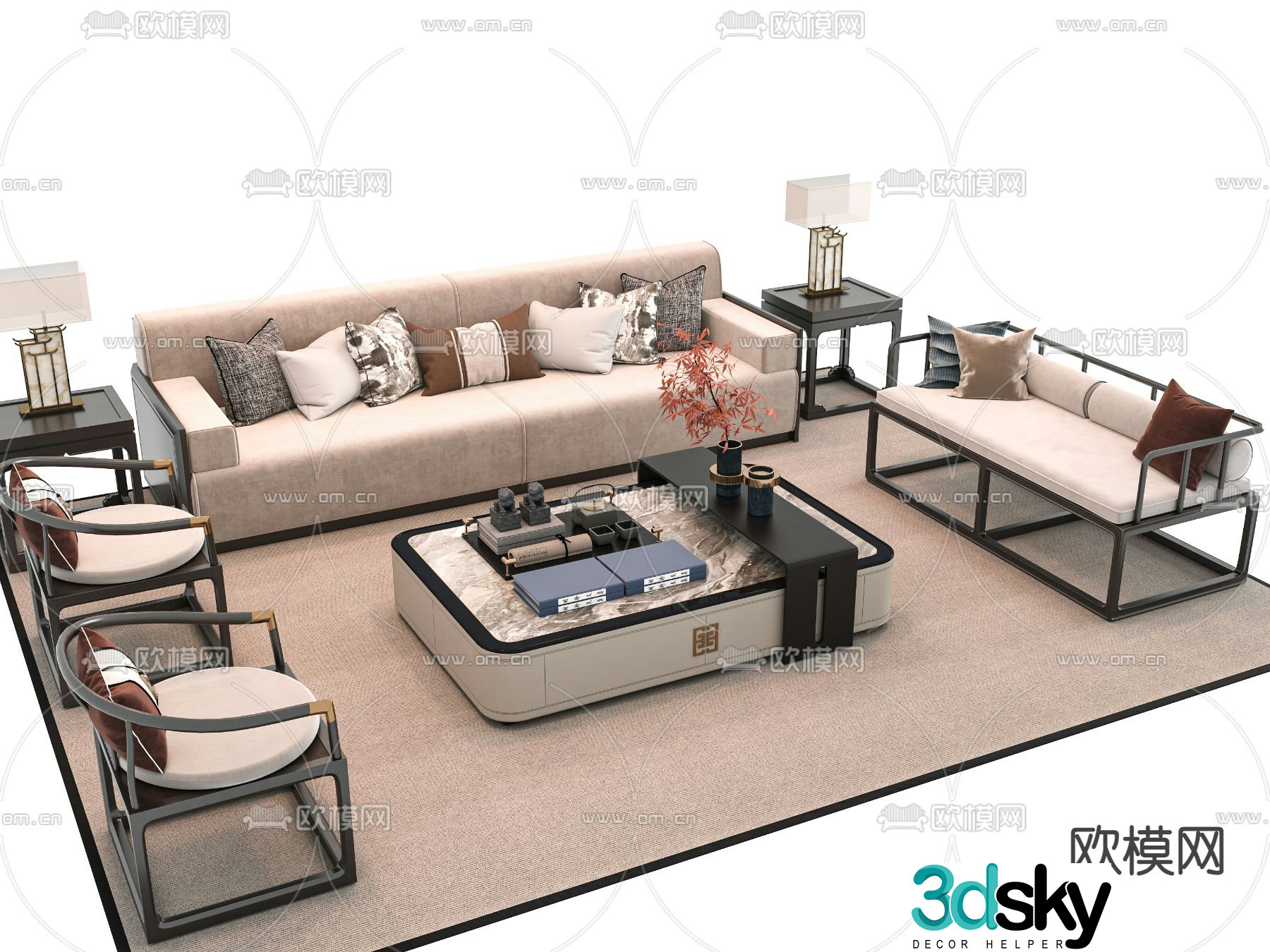 New Chinese style sofa multi-person sofa 3d model