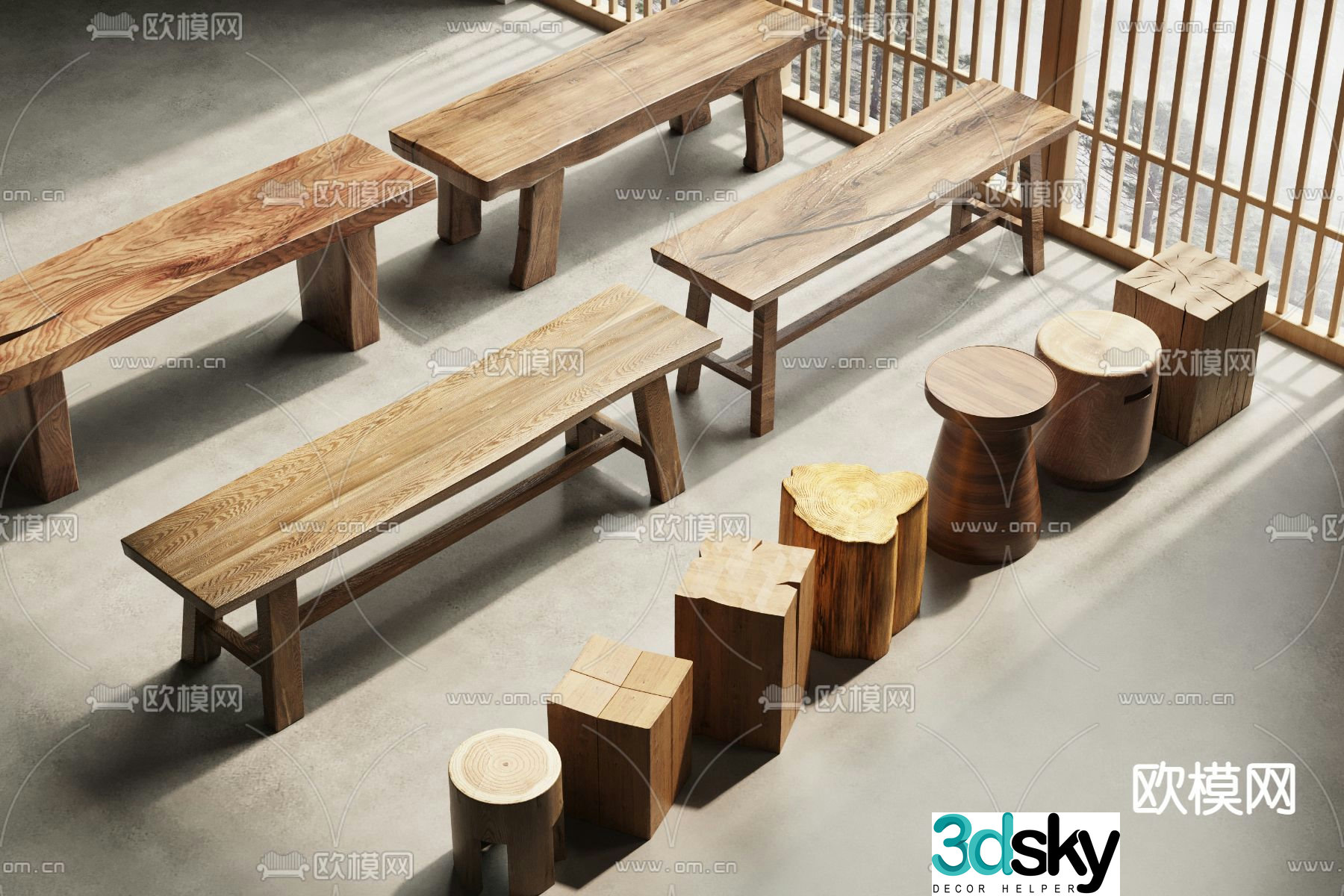 Stool wooden stool round stool bench 3d model
