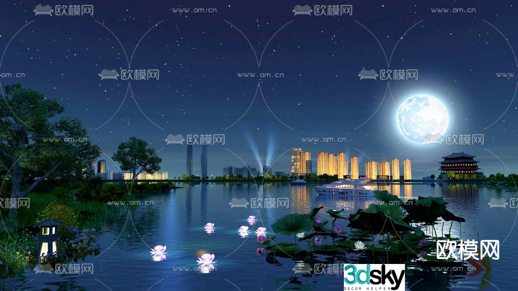 Wetland Park Lotus Lake Night Scene 3D Model