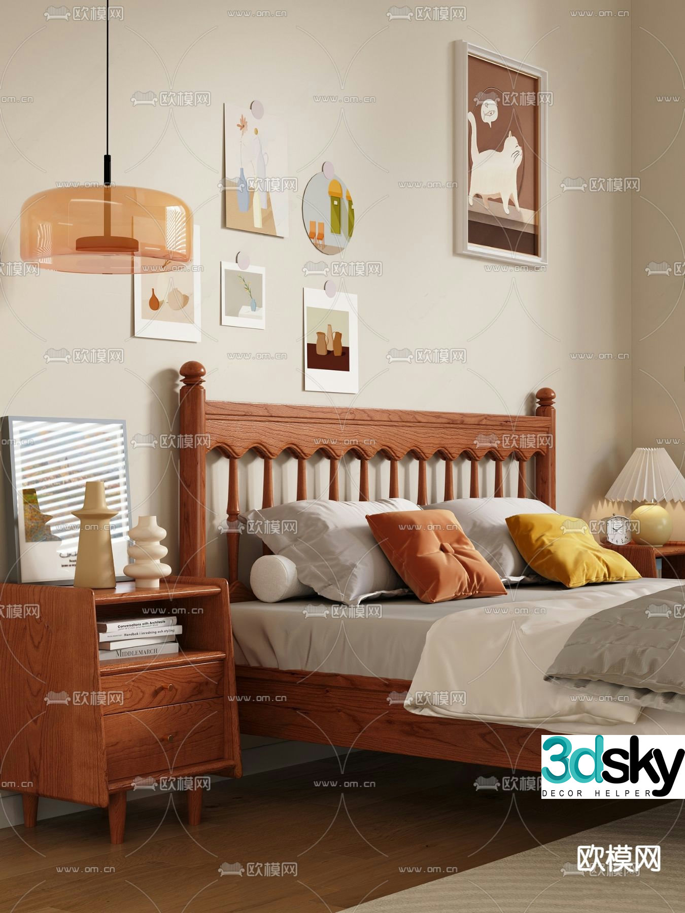 Double bed solid wood bed 3d model