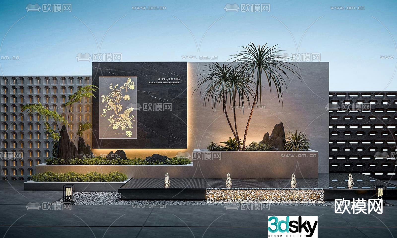 Courtyard landscape stacked water feature wall 3D model