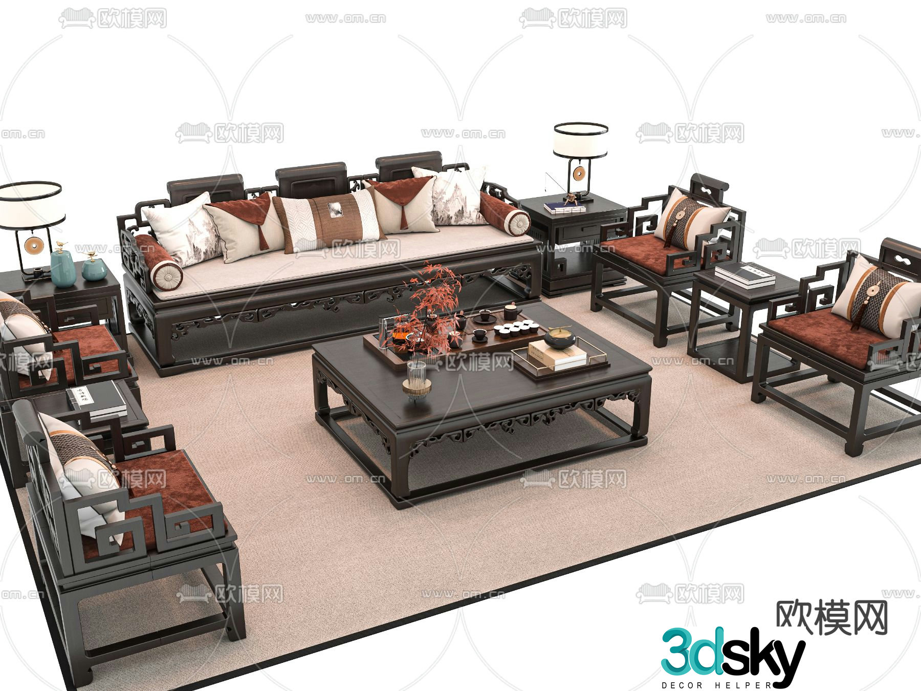 New Chinese style sofa coffee table multi-person sofa 3D model