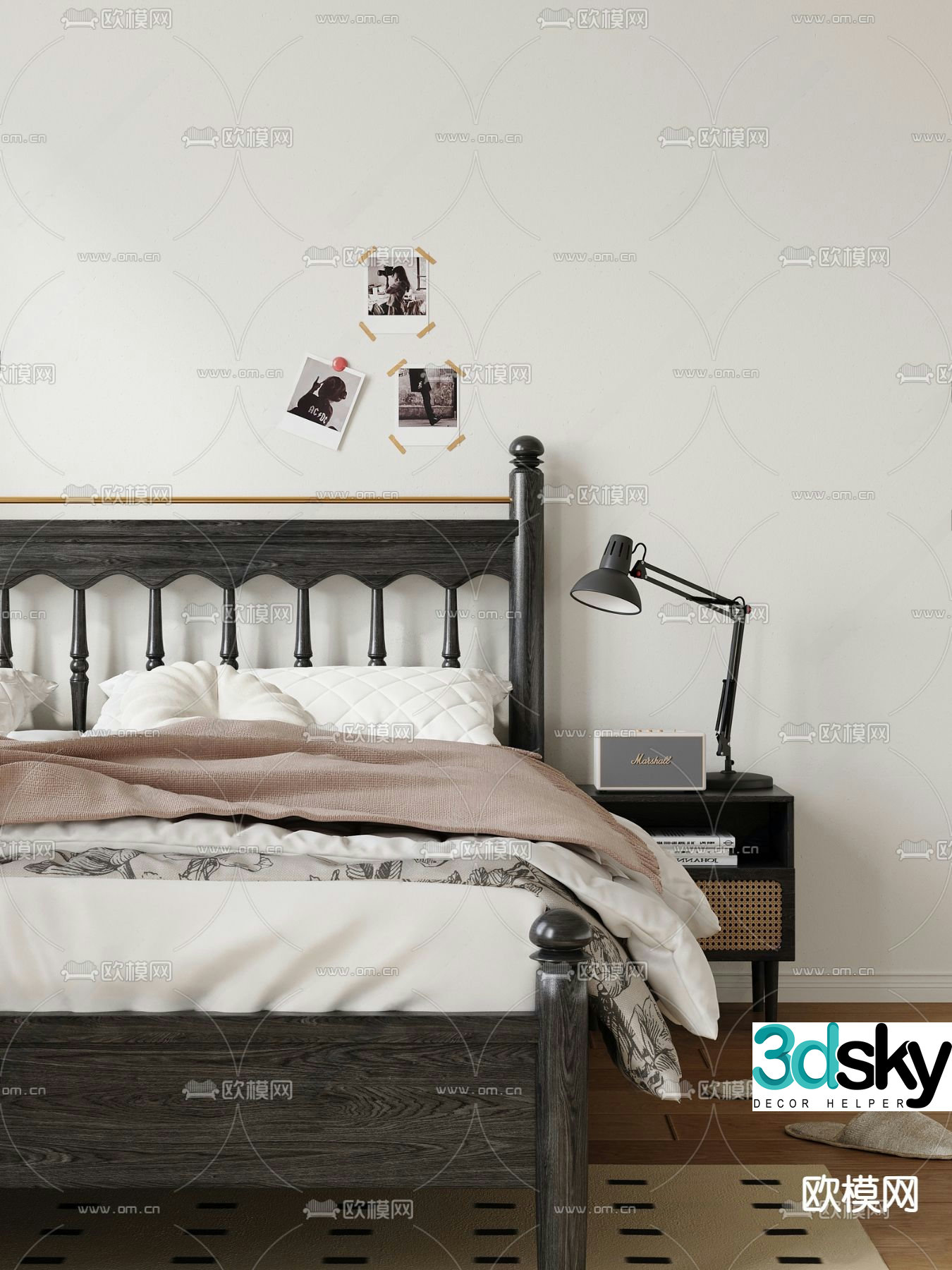 Double bed black solid wood bed 3d model