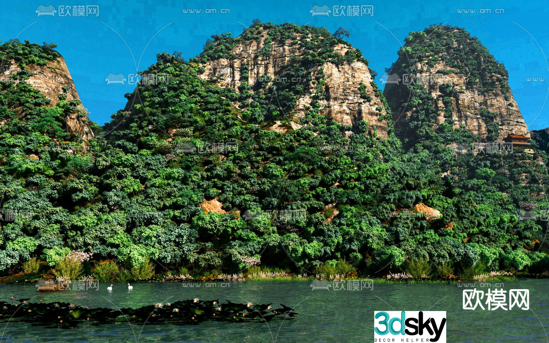 3D model of green mountains and green water landscape