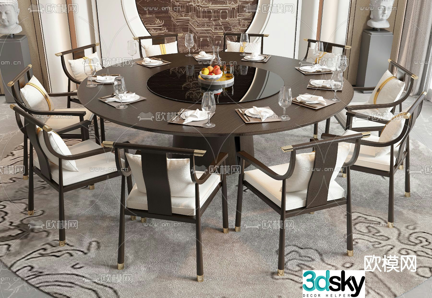 New Chinese dining table and chairs 3d model