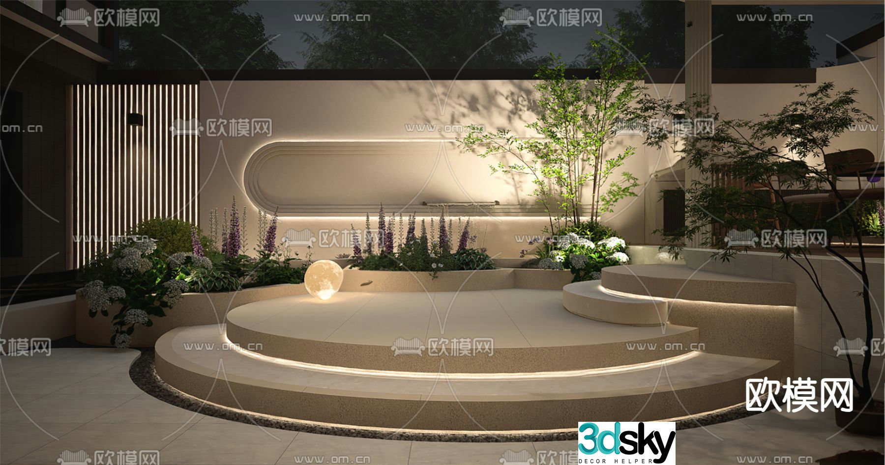 Courtyard landscape flowing water feature wall fish pond 3D model
