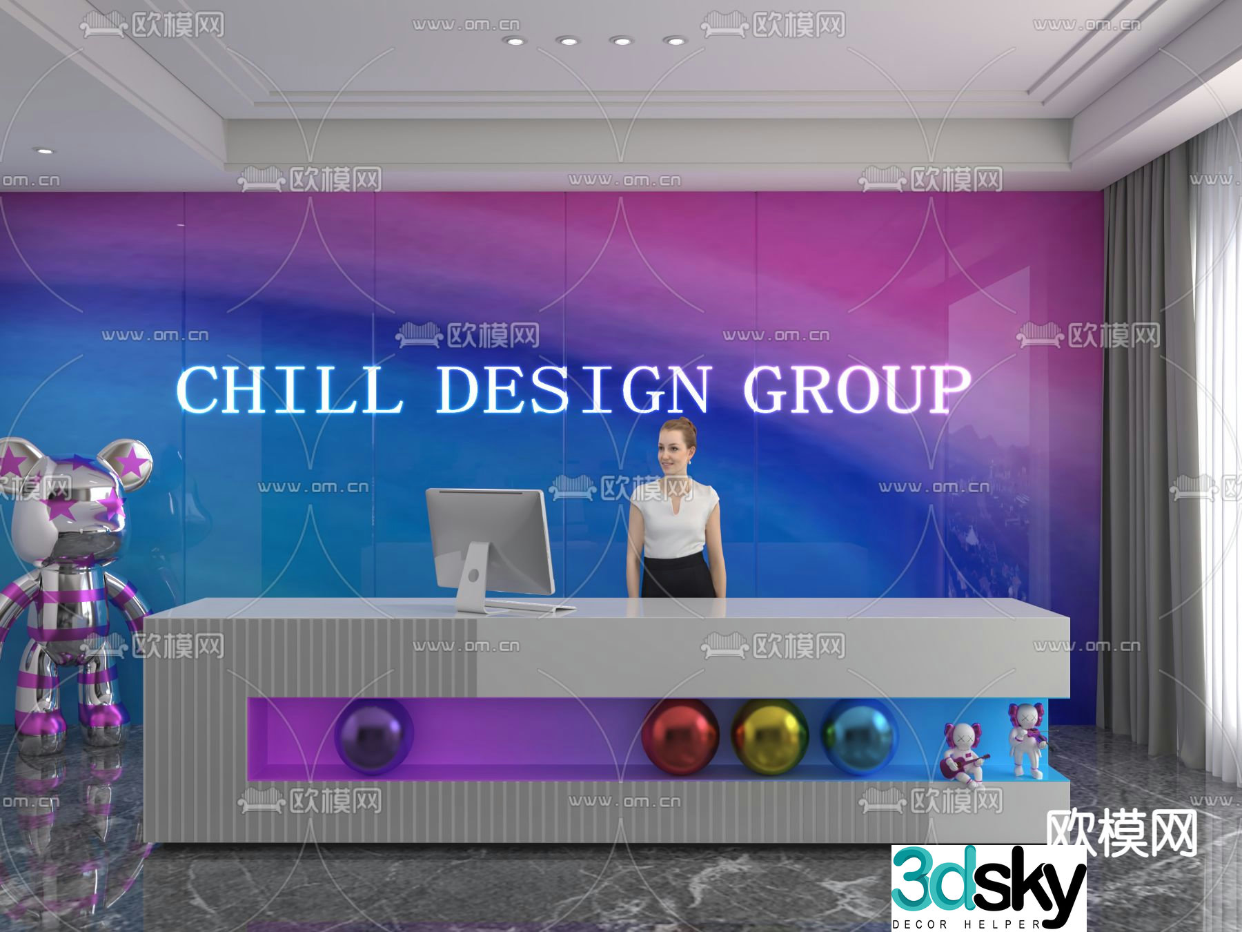 Memphis style front desk information desk 3d model