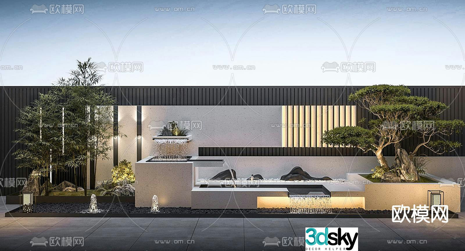 Courtyard landscape stacked water feature wall 3D model