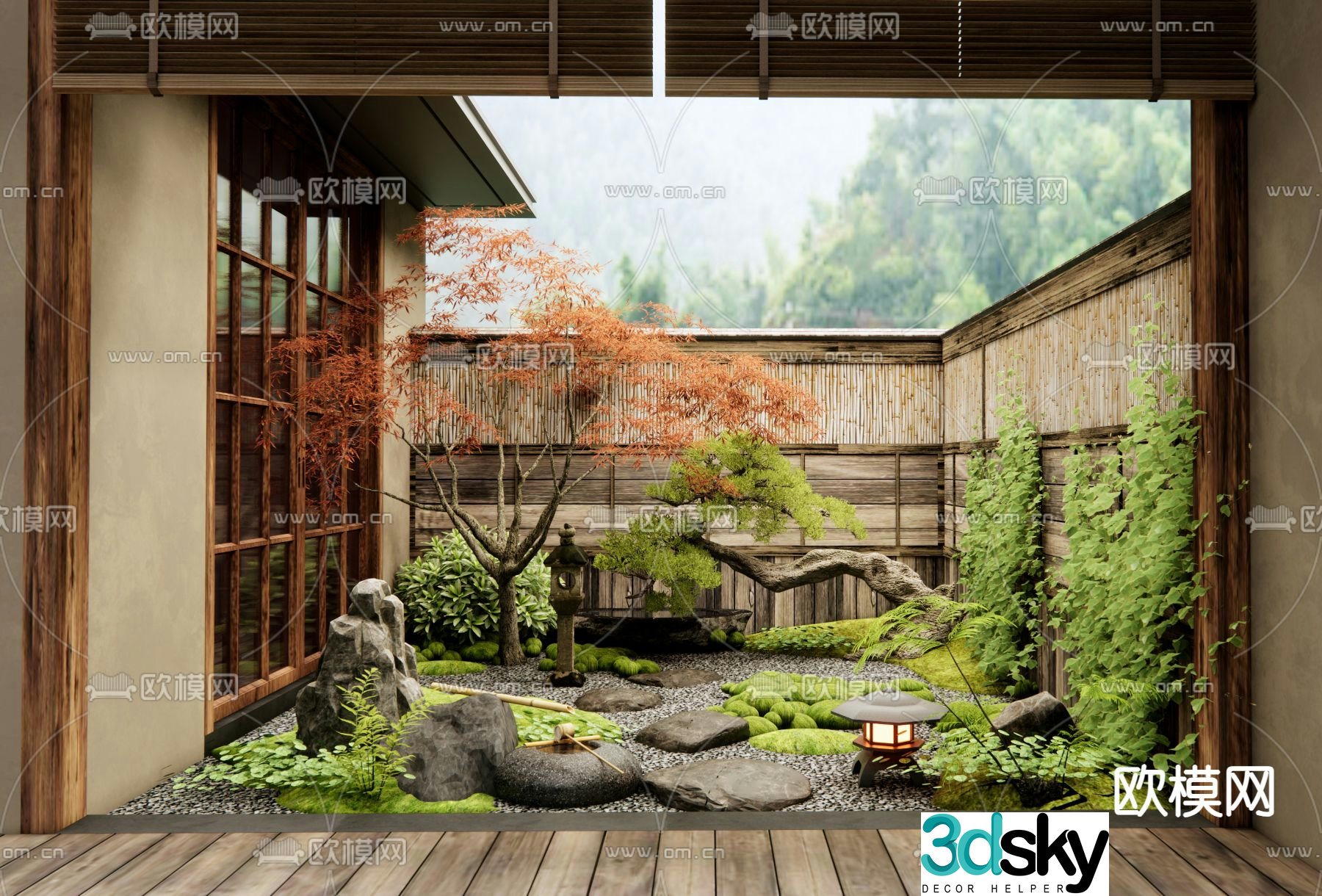 Japanese courtyard landscape Zen patio 3D model