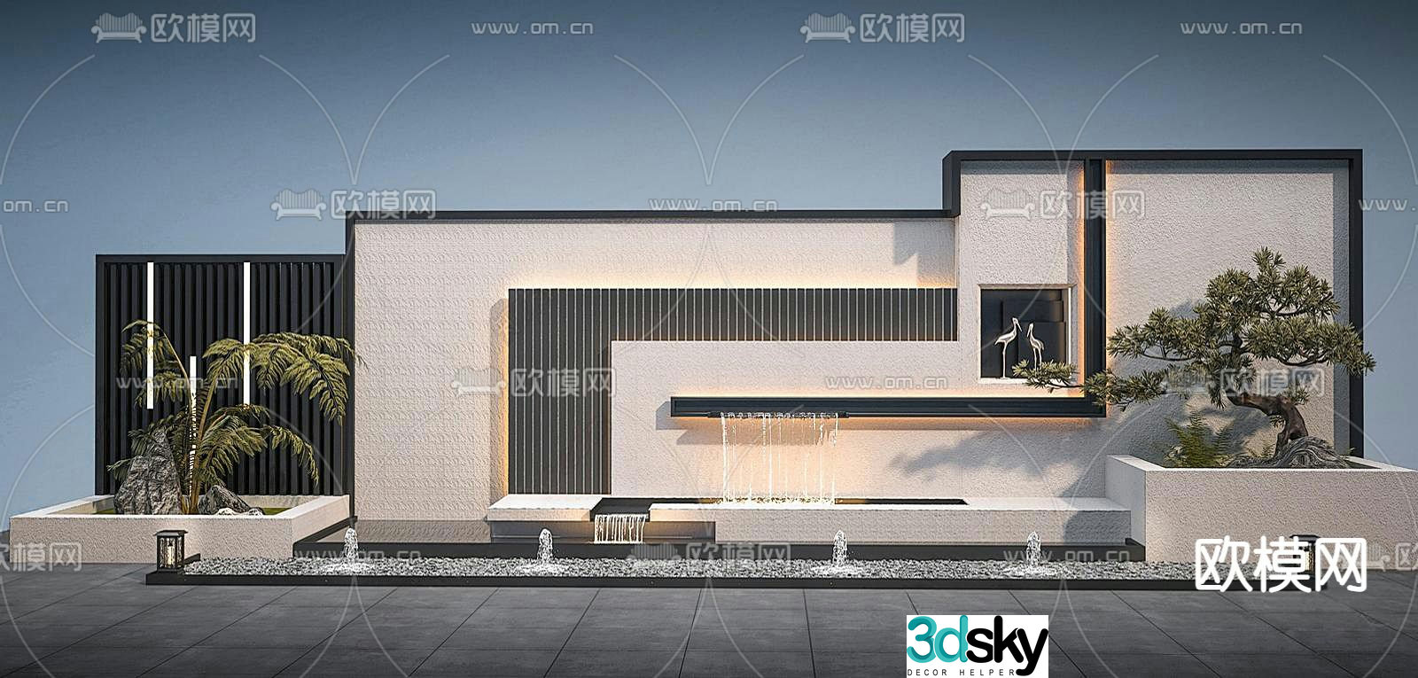 Courtyard landscape stacked water feature wall 3D model