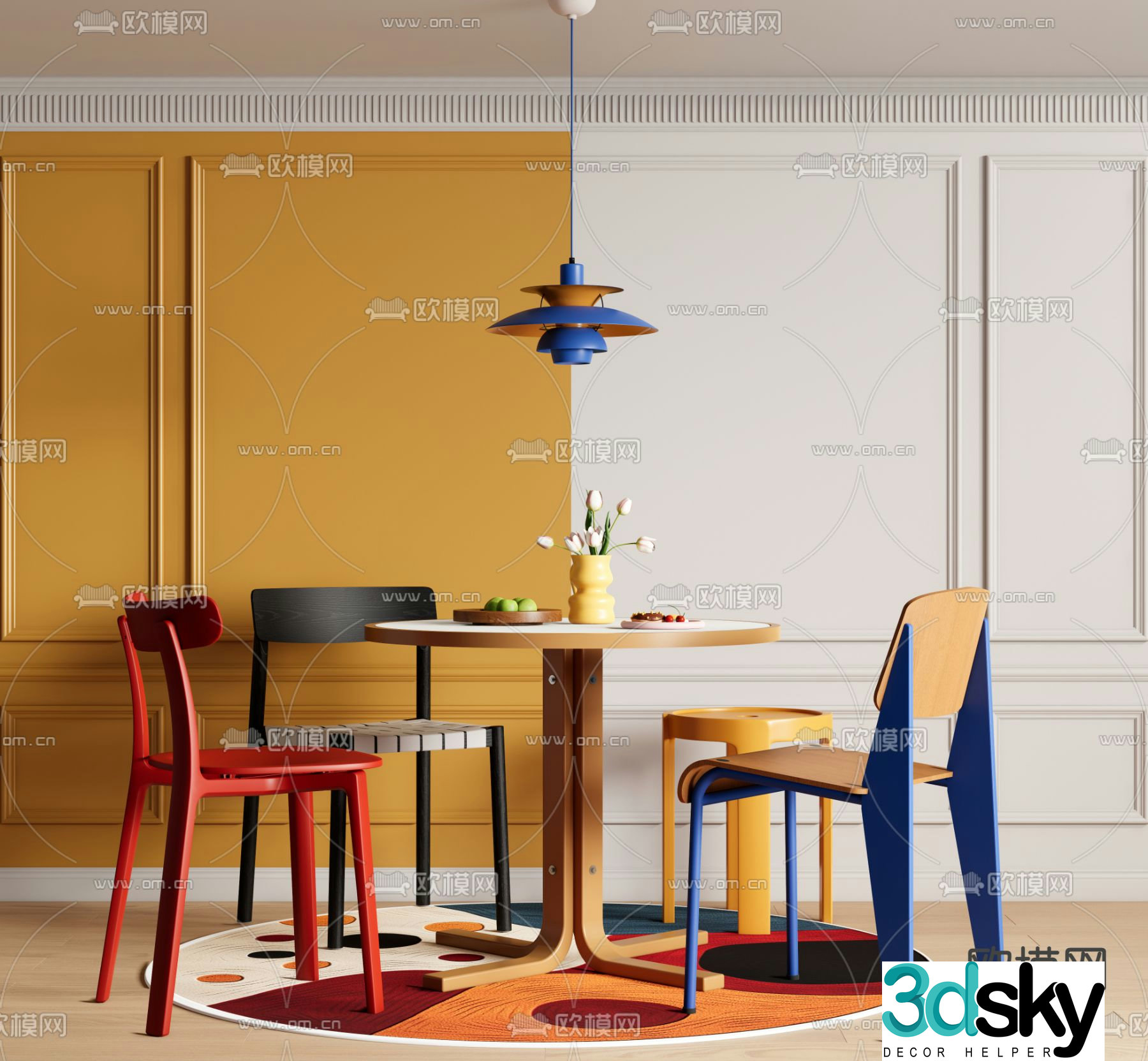 Memphis style dining table and chairs 3d model