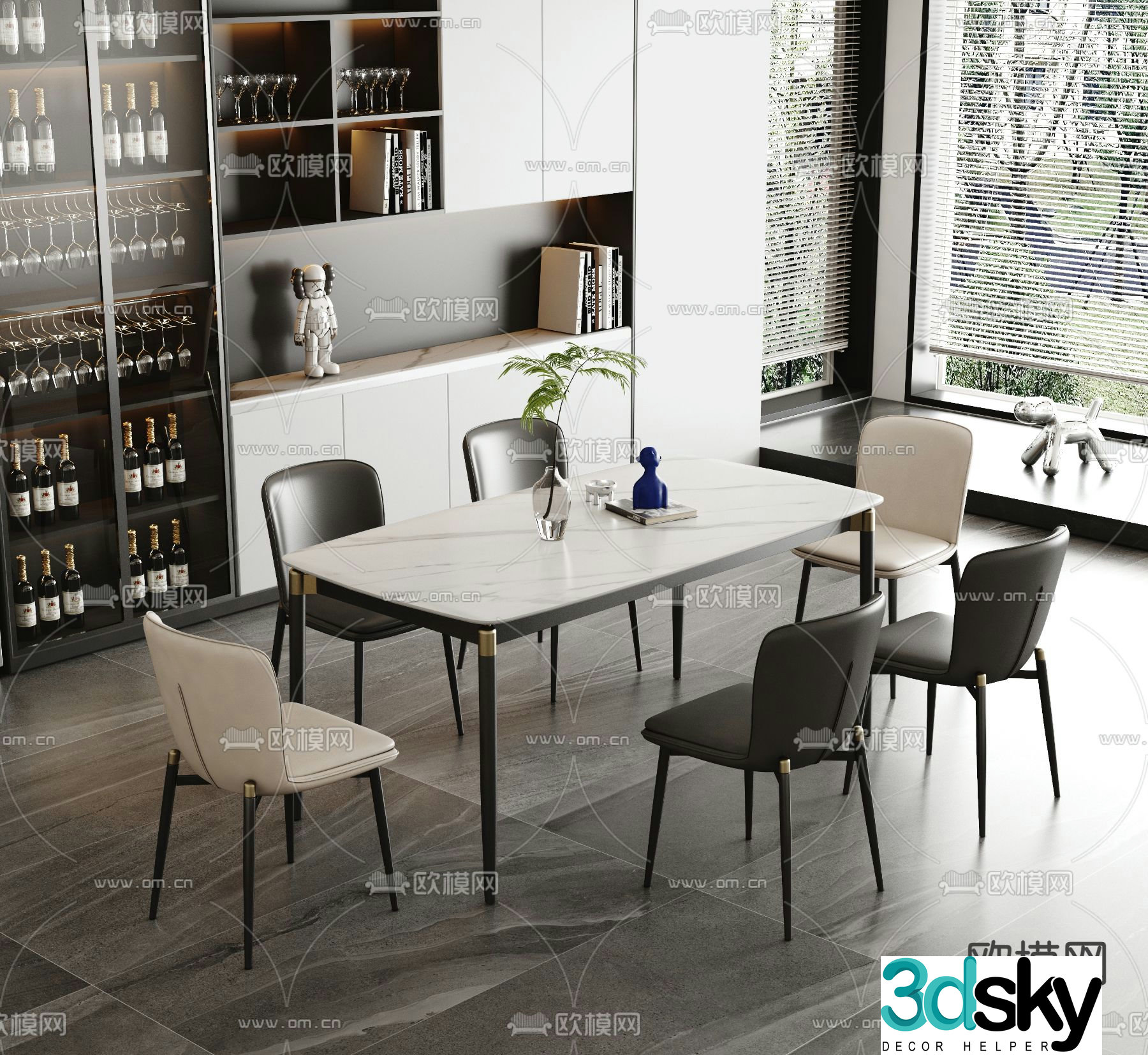 Long dining table and chairs 3d model
