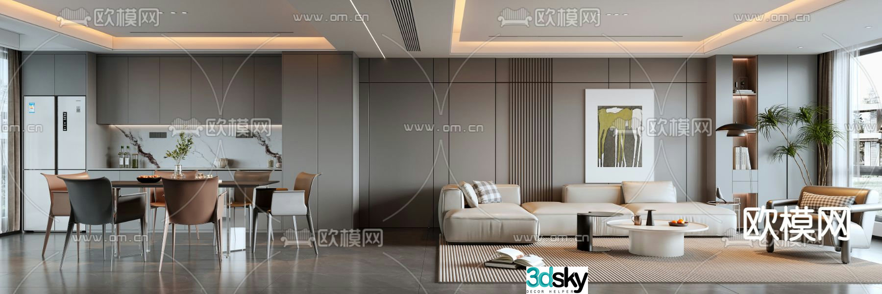 Modern living and dining room 3d model