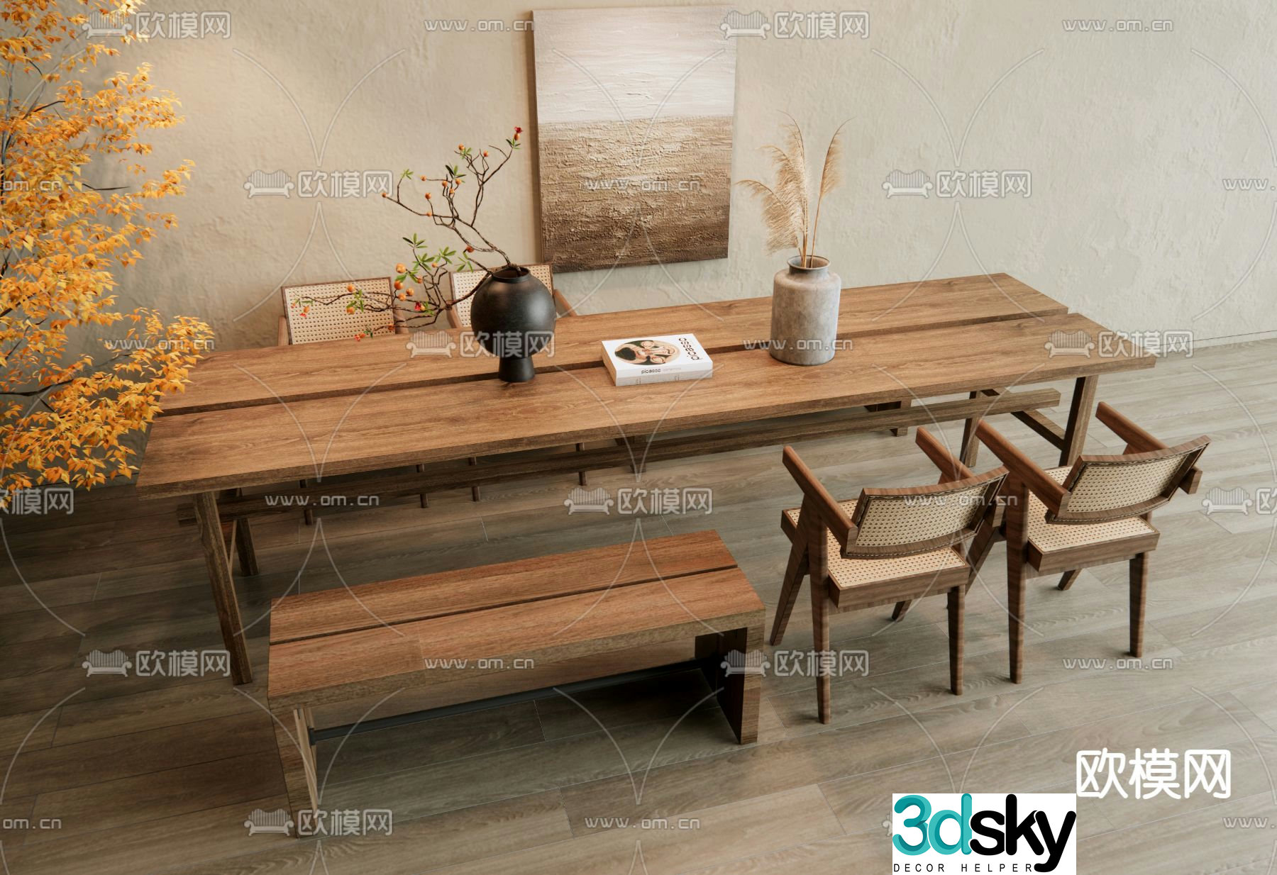 Wabi-sabi dining table and chairs log dining table 3d model