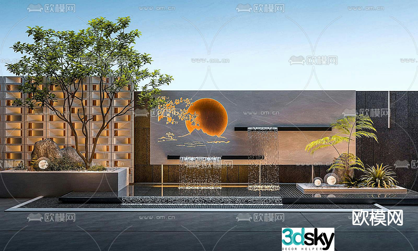 Courtyard landscape stacked water feature wall 3D model