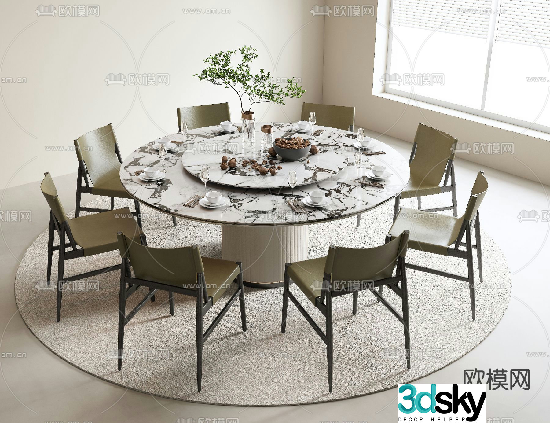 Simple round dining table and chairs 3d model
