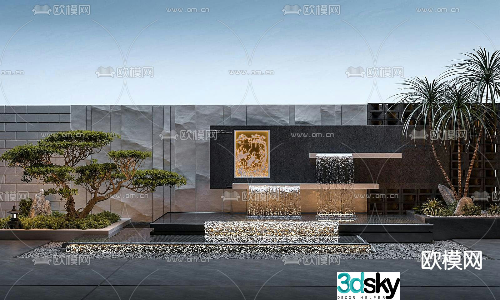Courtyard landscape stacked water feature wall 3D model