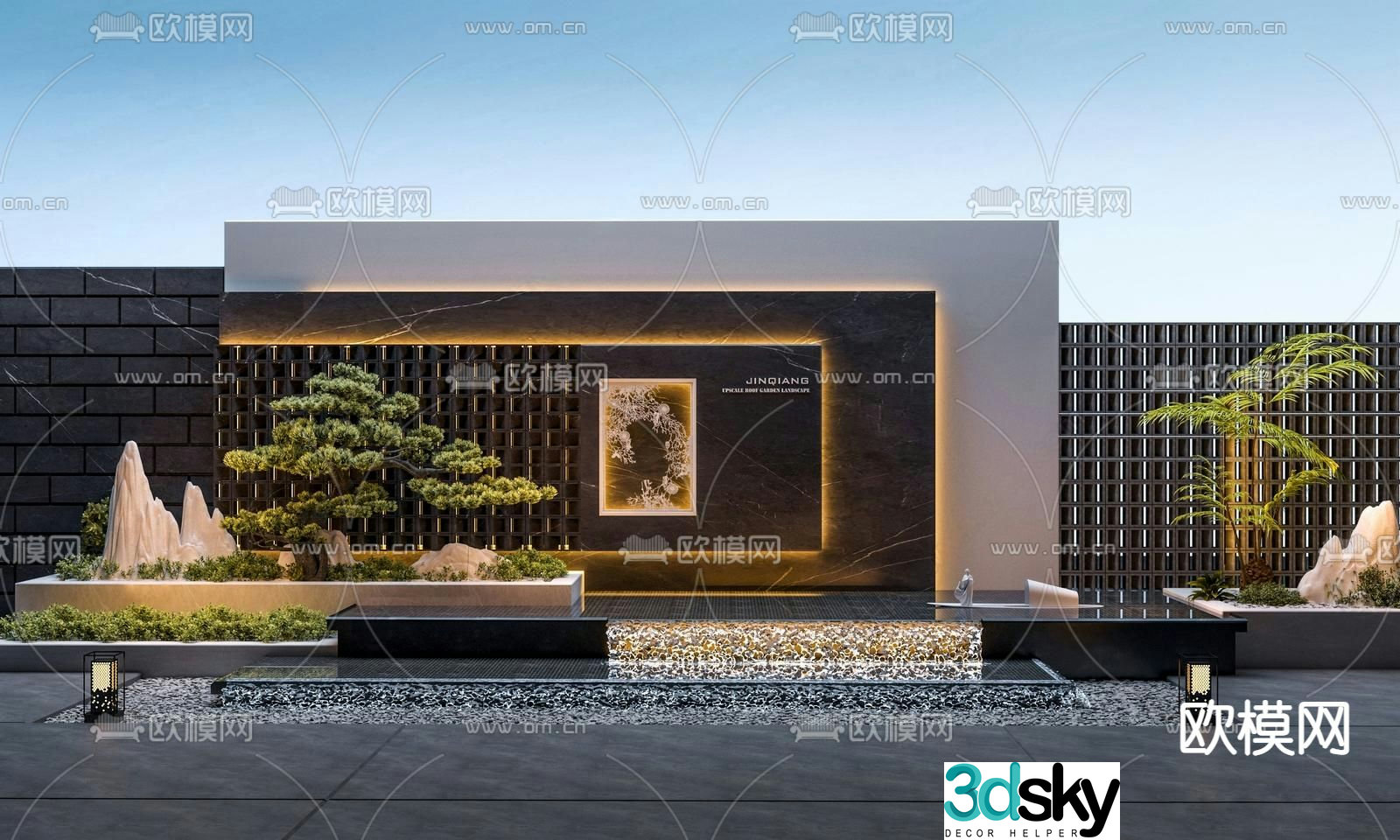 Courtyard landscape stacked water feature wall 3D model