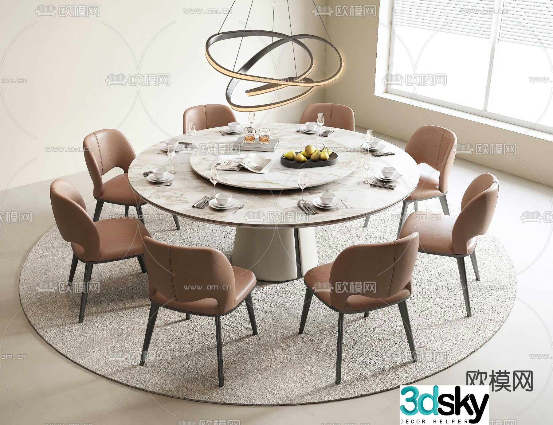 Round dining table and chairs 3d model