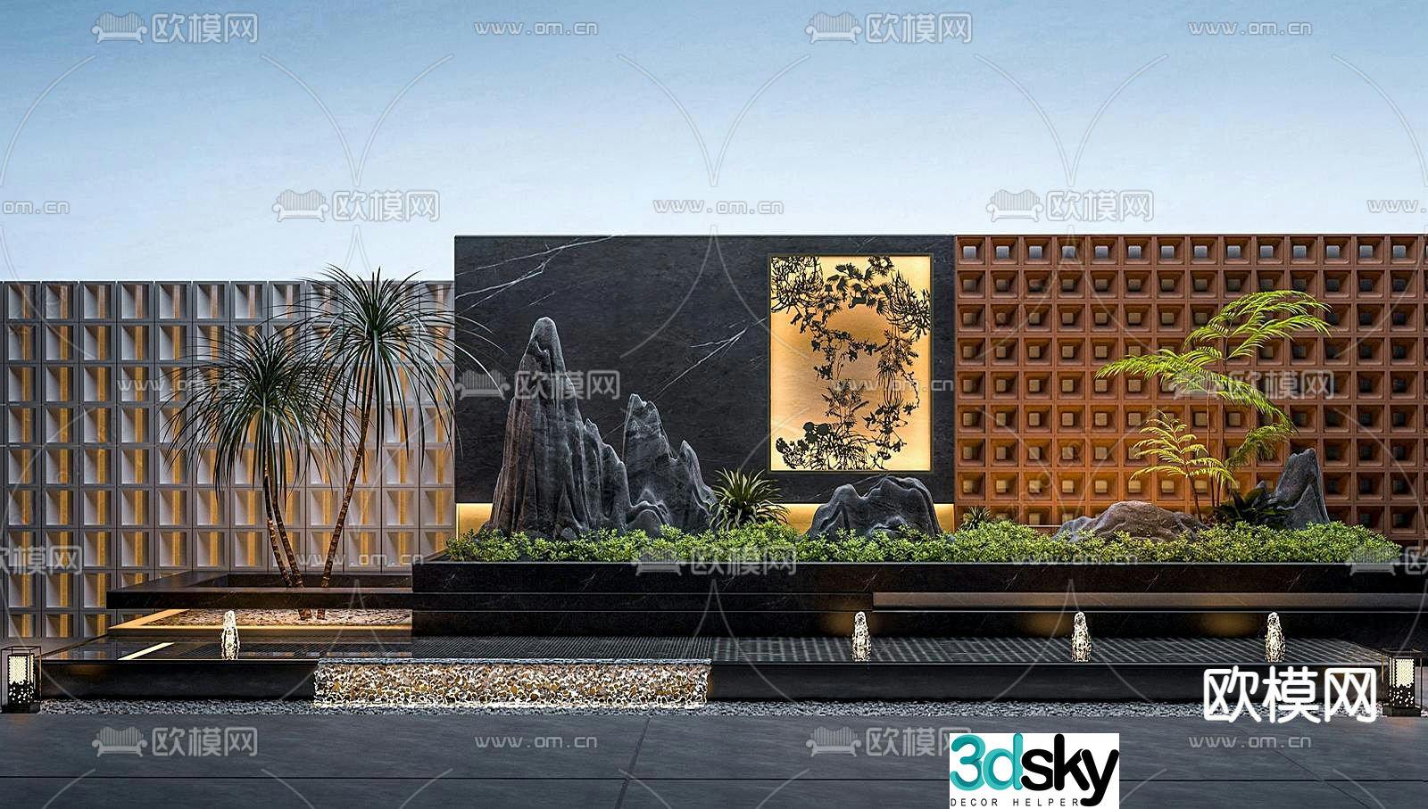 Fountain sketch 3D model of stacked water feature wall