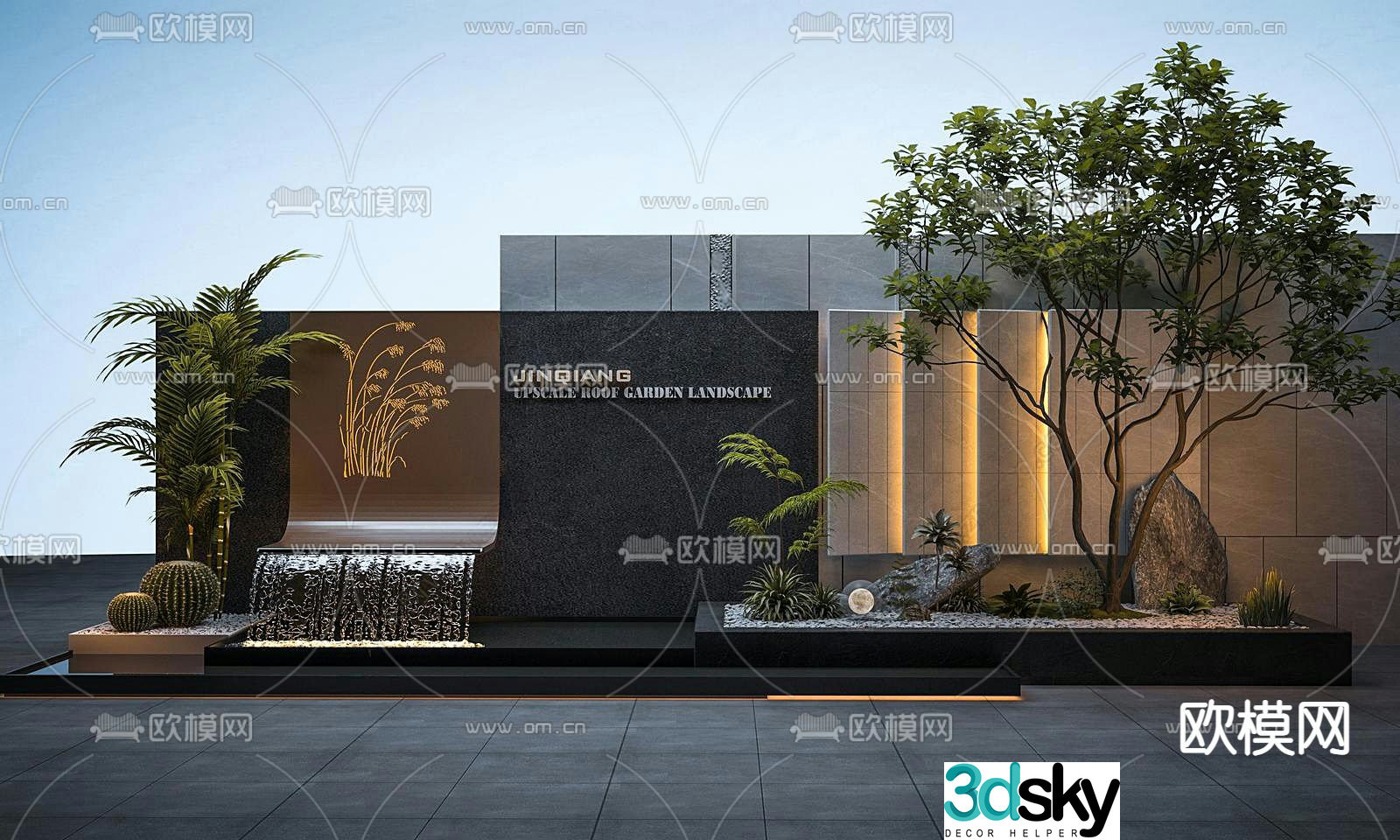 Stacked water feature wall courtyard sketch 3D model