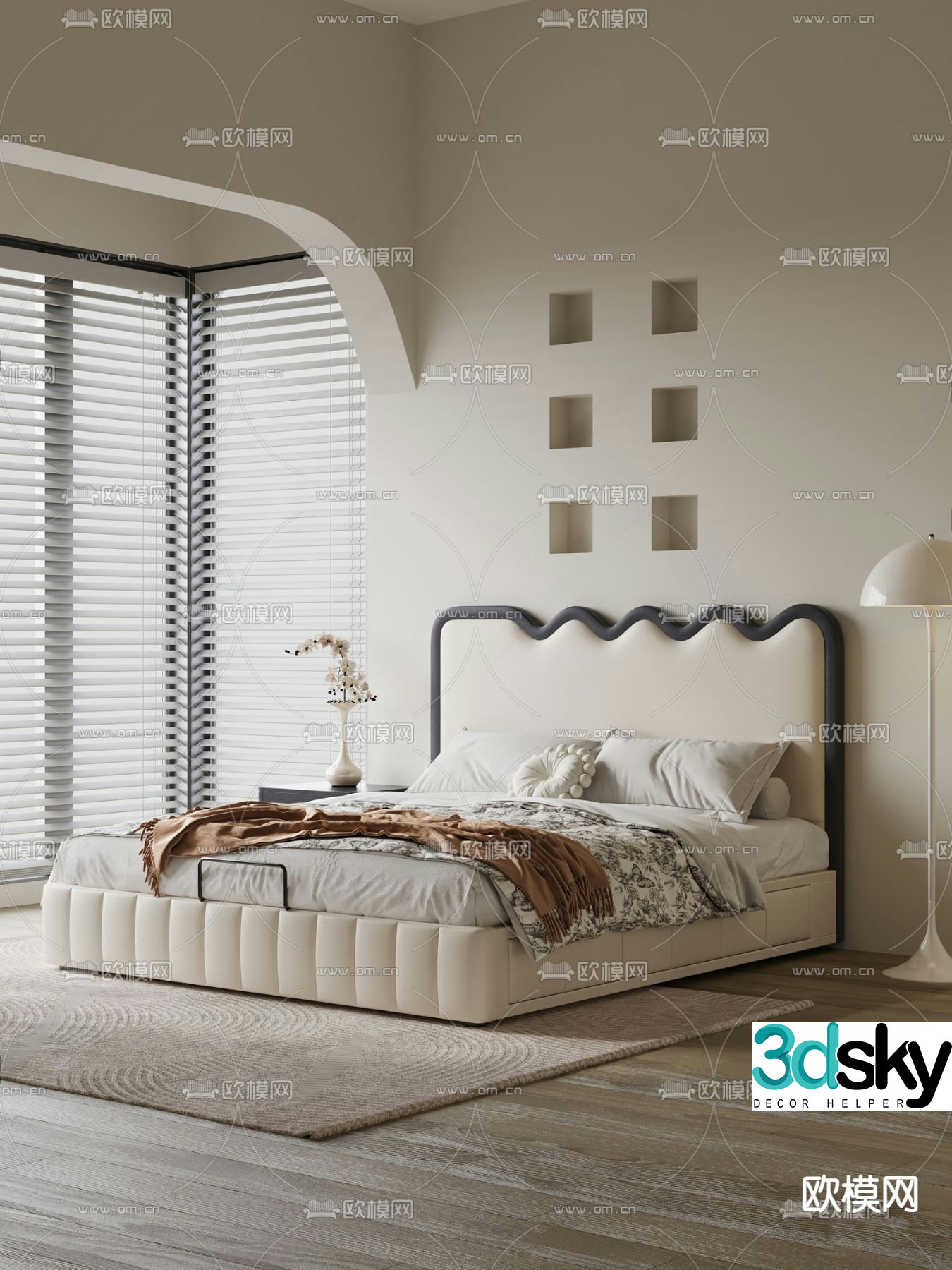 Cream style double bed 3d model