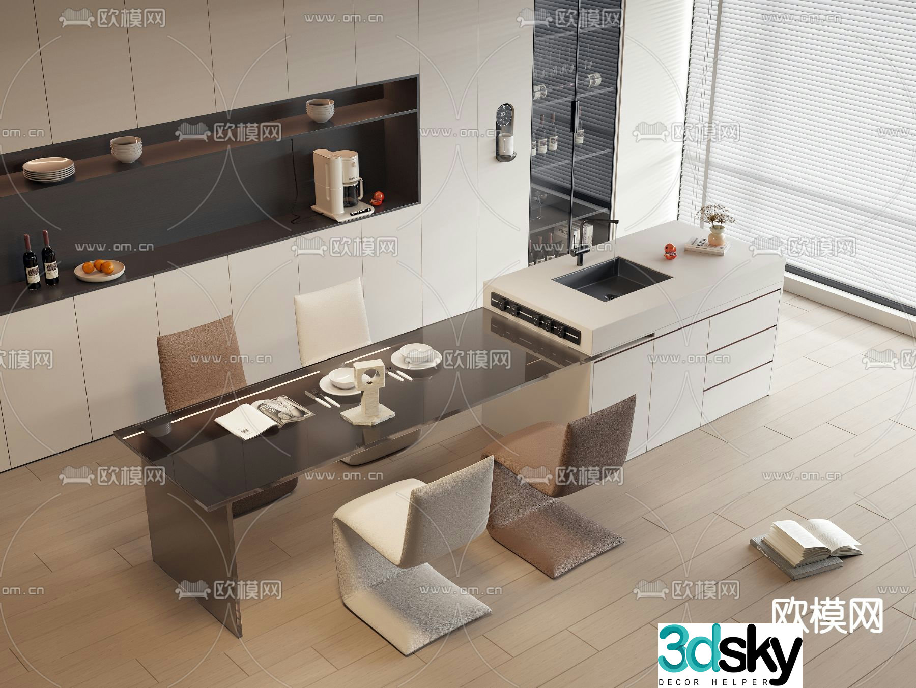 Island dining table and chairs 3d model