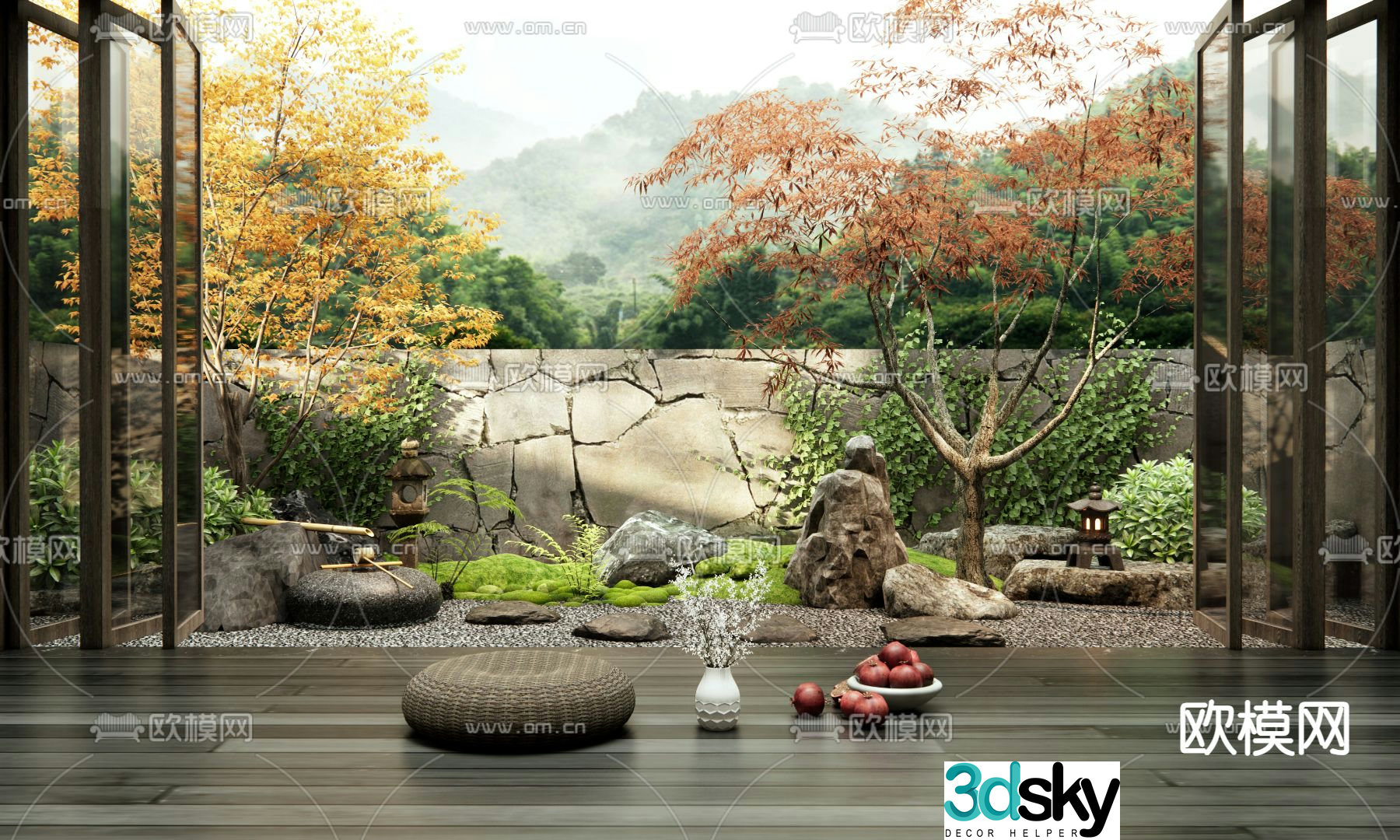 Japanese Zen courtyard landscape dry landscape 3D model