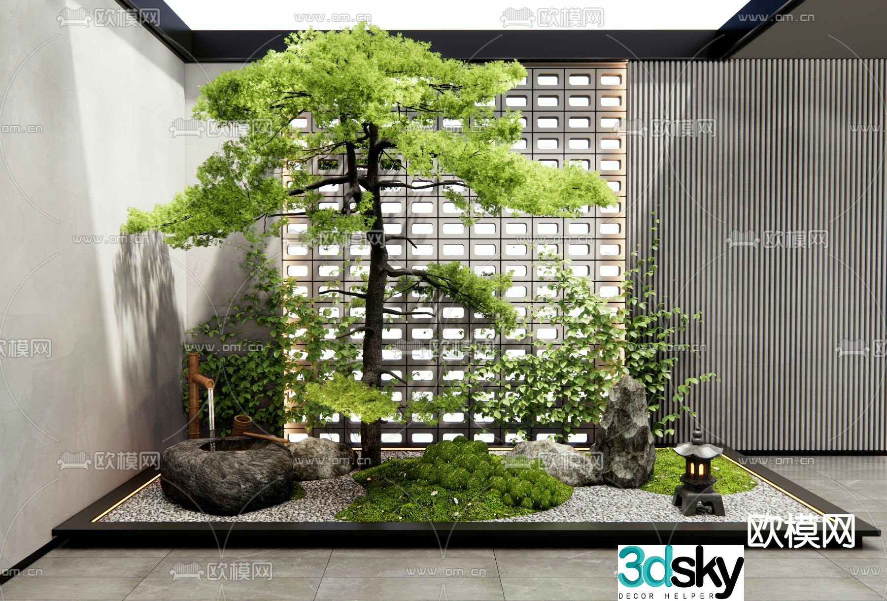 New Chinese style landscaping courtyard sketch pine tree landscape 3d model