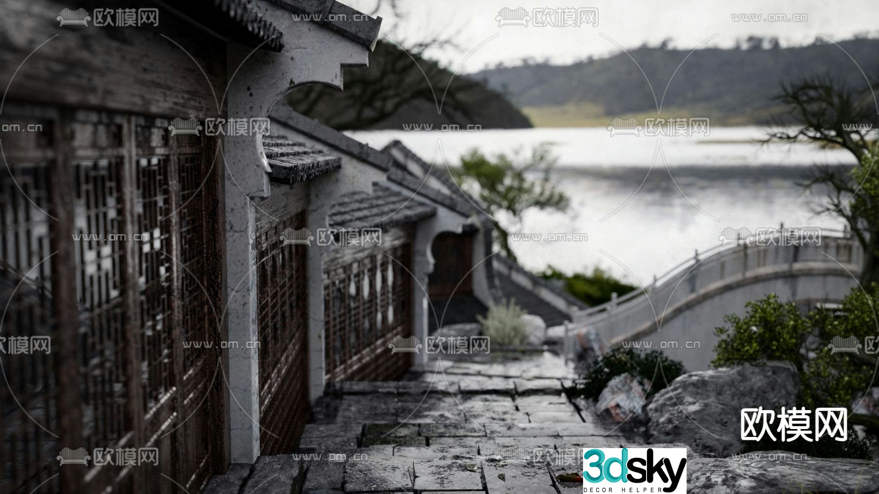 3D model of ancient town street after rain