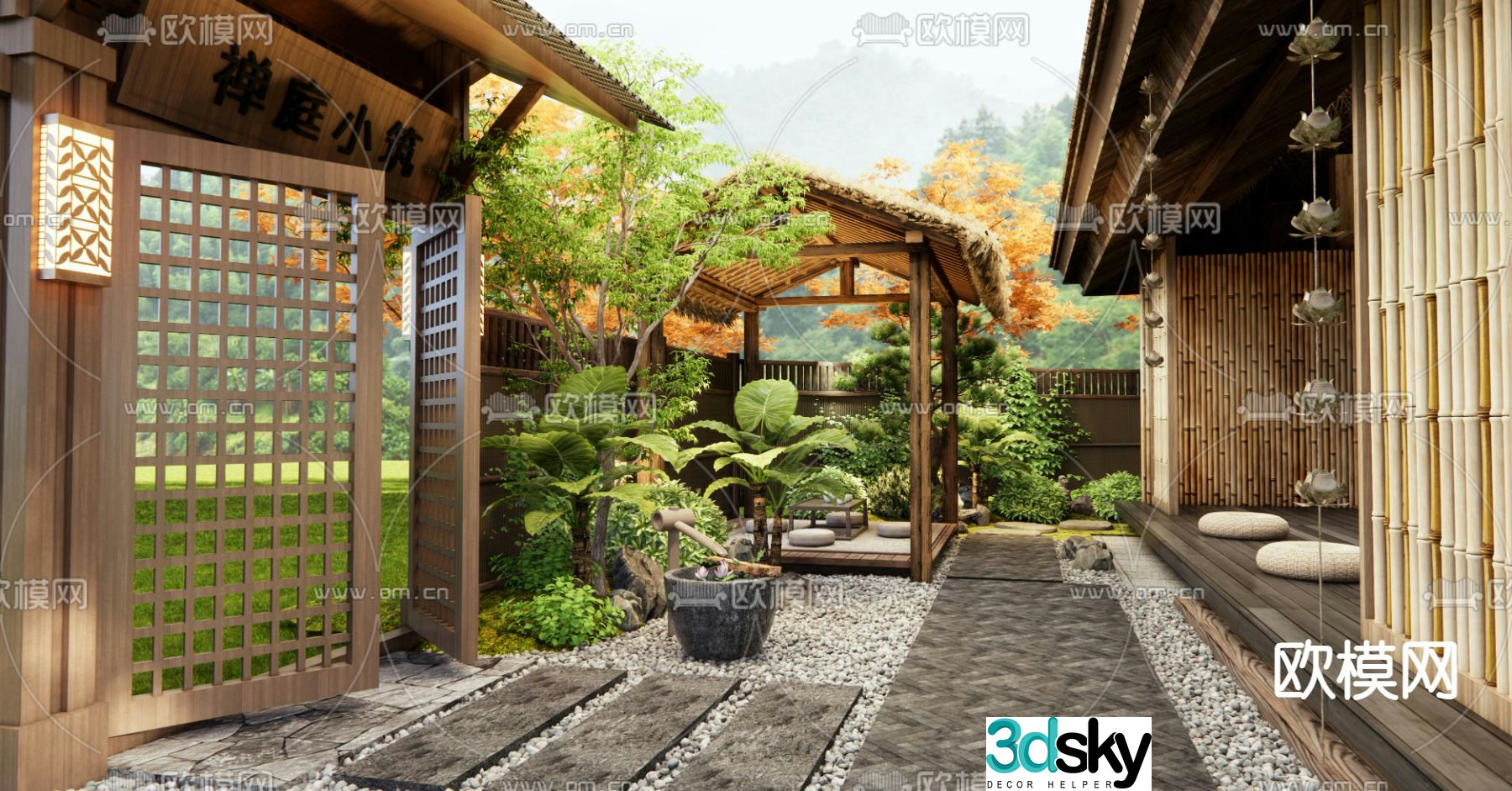 Japanese Zen courtyard landscape thatched pavilion 3D model