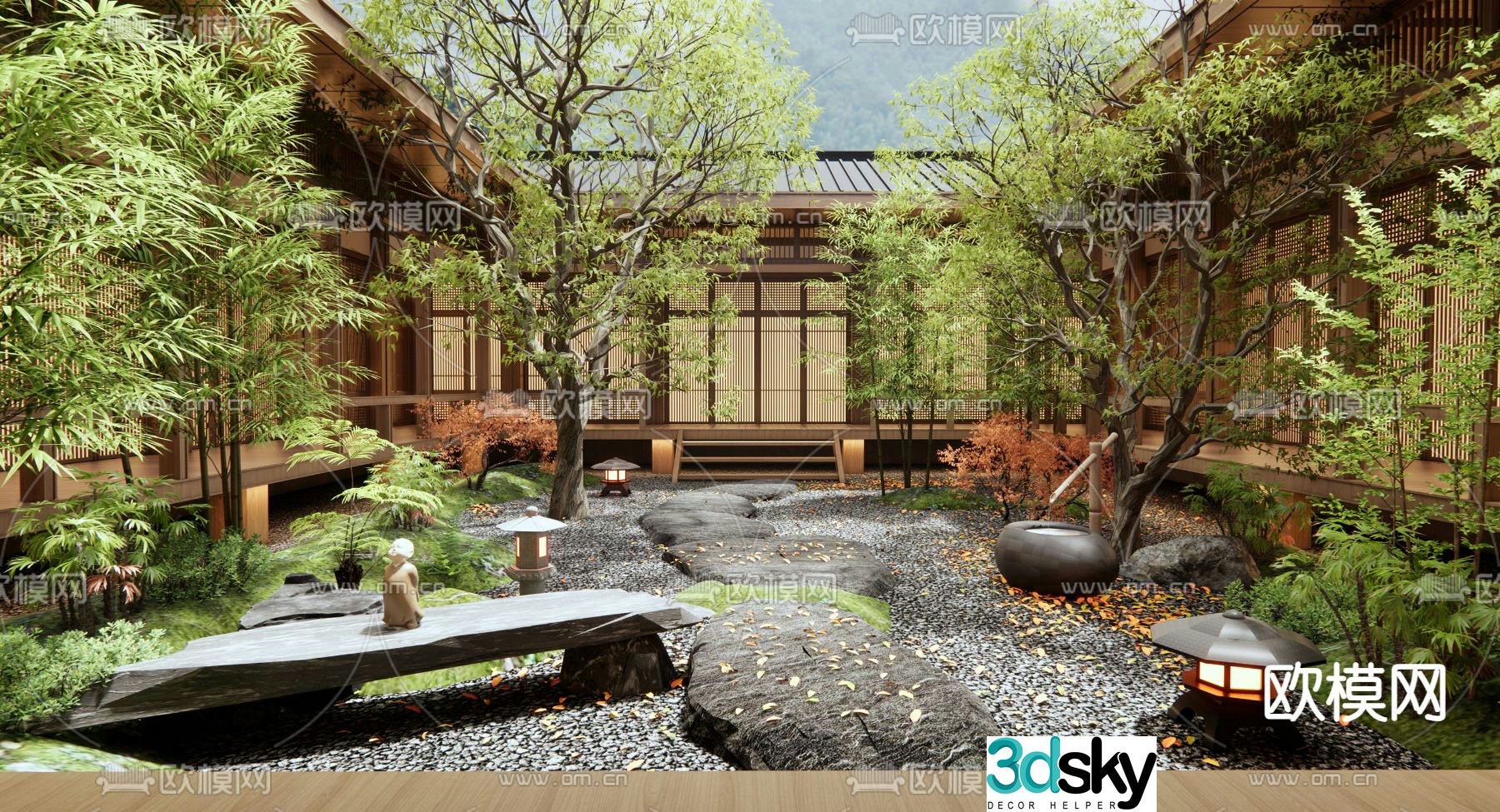 New Chinese Zen courtyard landscape 3D model