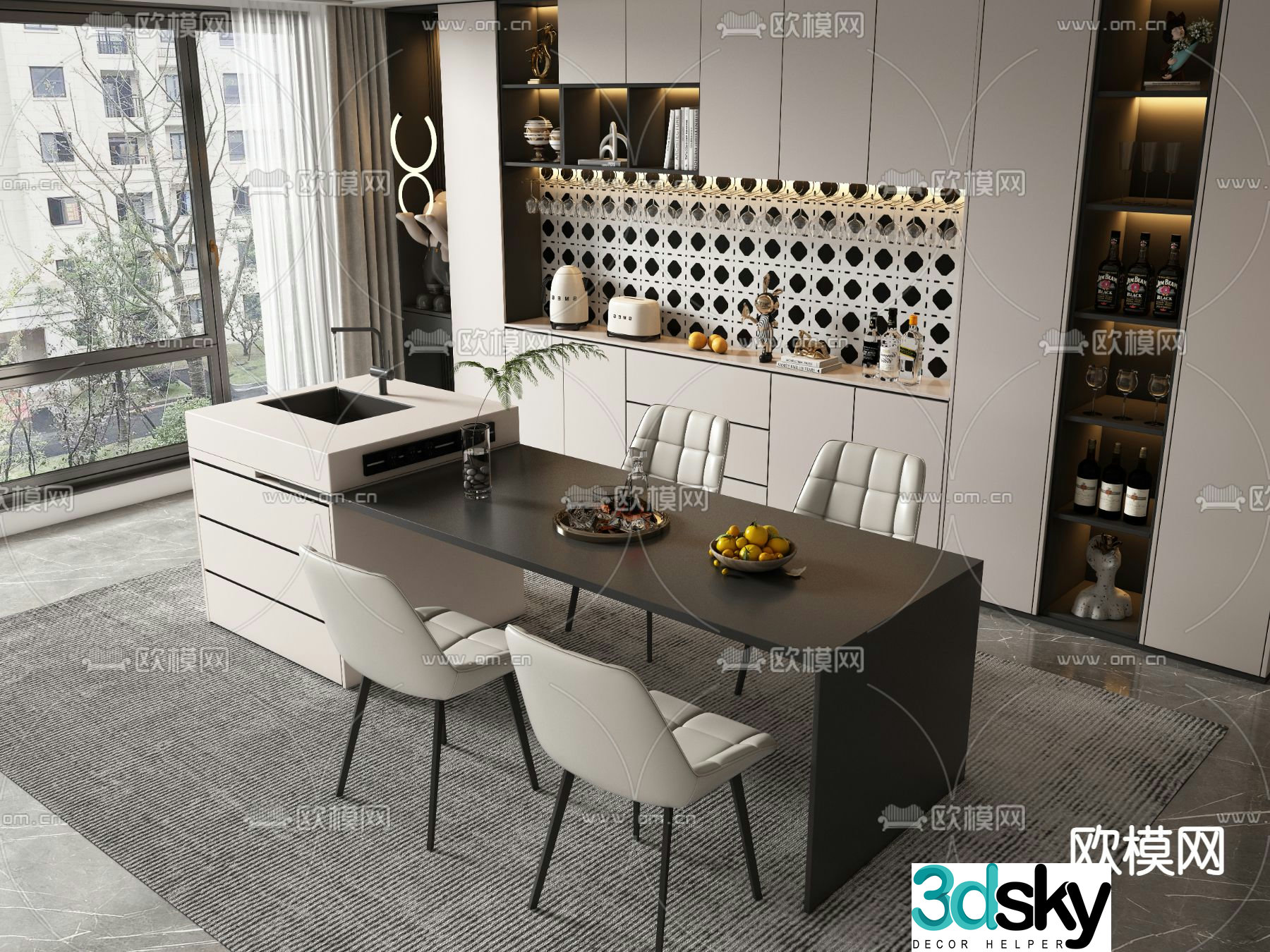 Island dining table and chairs 3d model