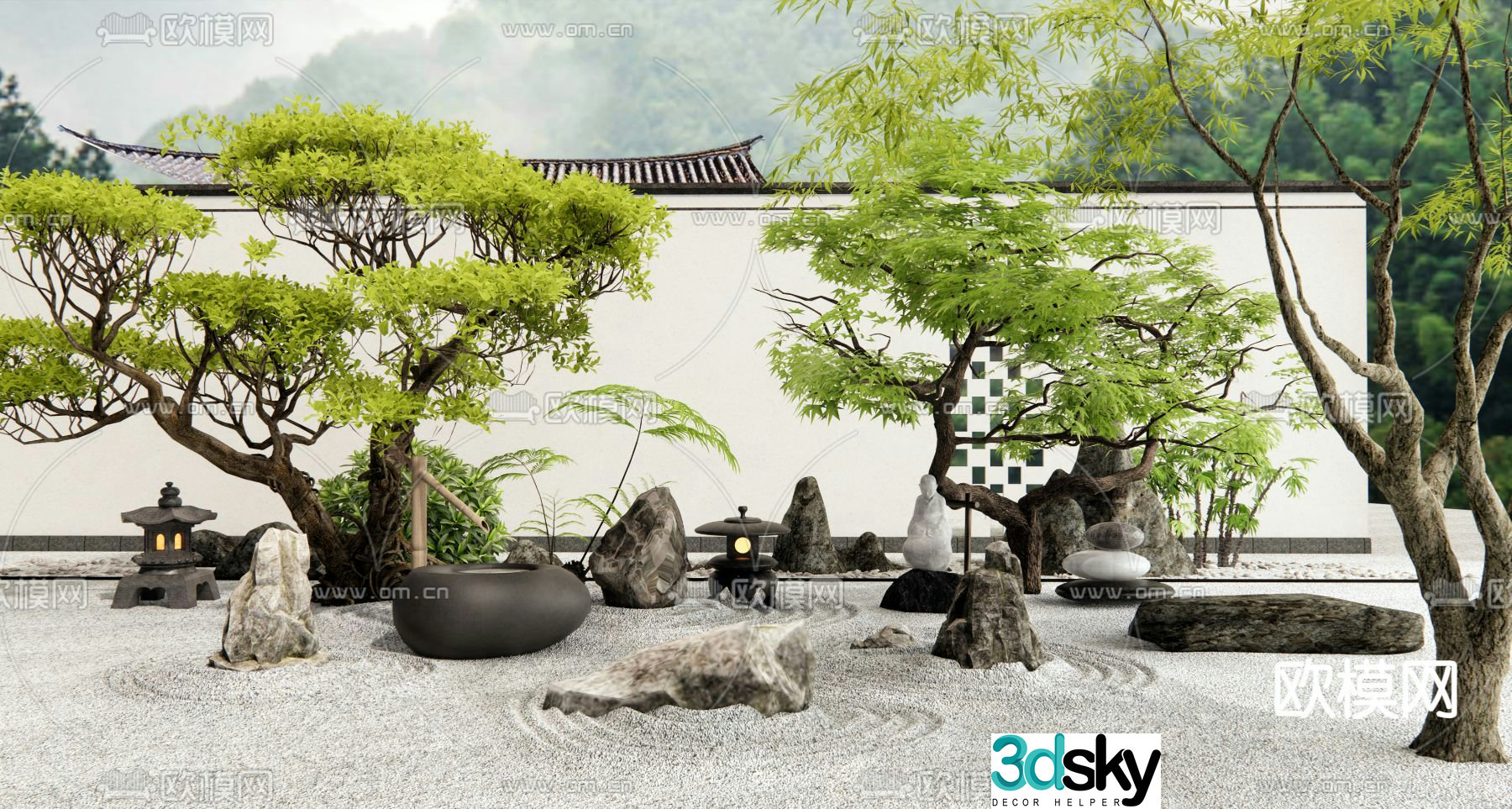 Courtyard Landscape Dry Landscape Sketch Water Bowl 3D Model