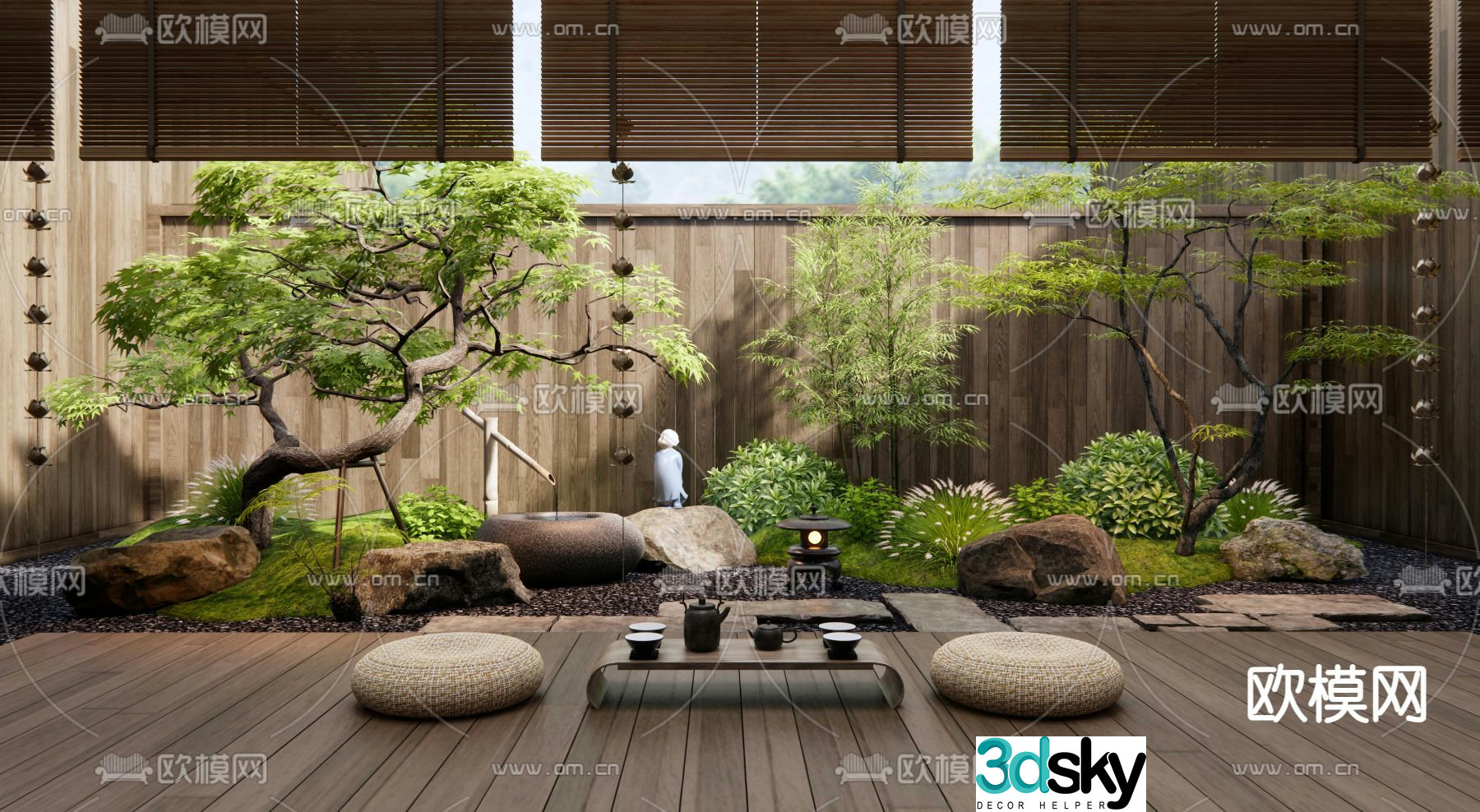 Japanese courtyard landscape patio plant landscaping 3D model