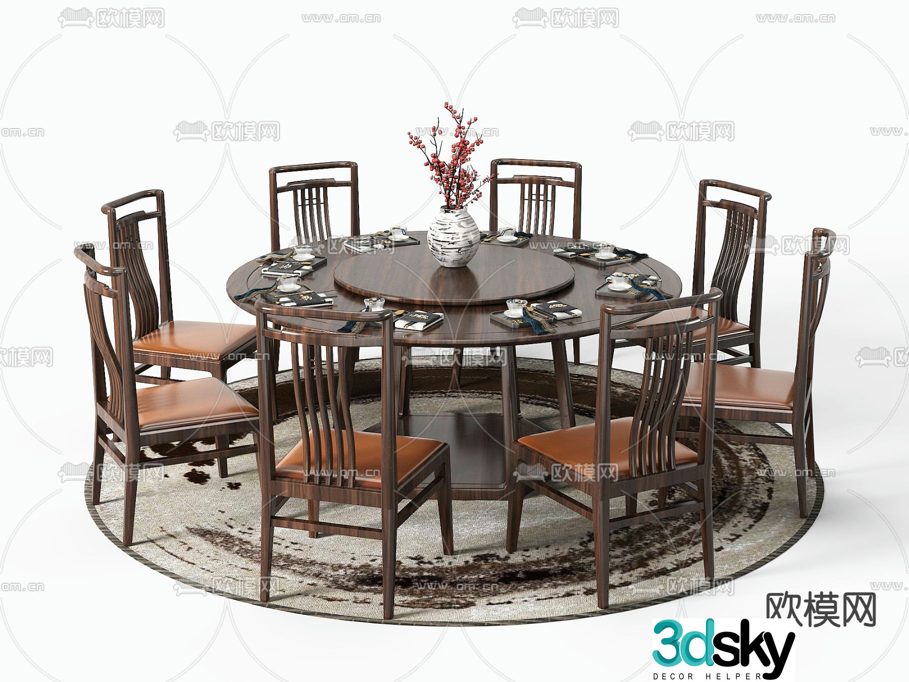Chinese dining table and chairs round dining table 3d model