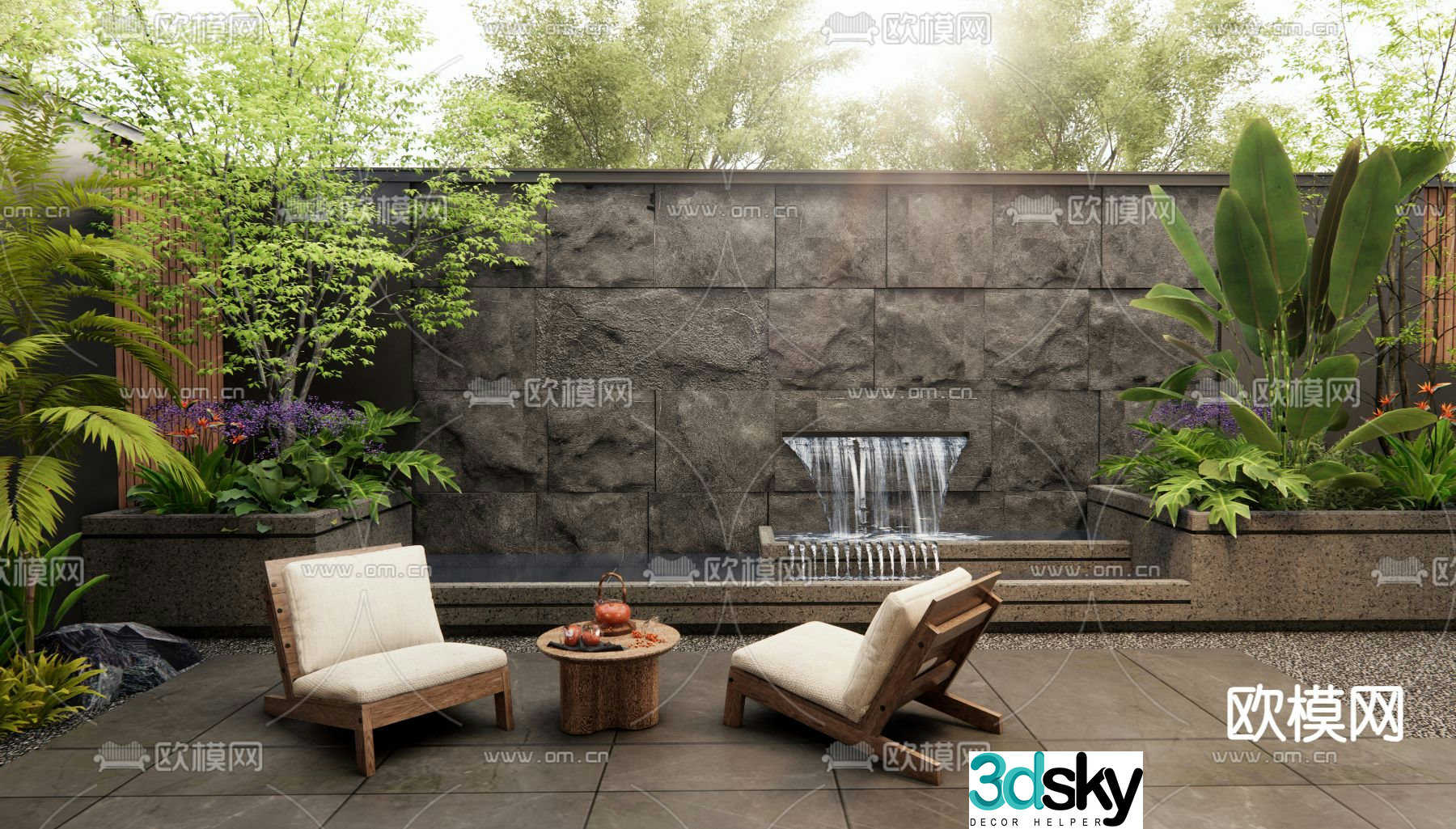 Courtyard water feature wall rockery water feature 3D model