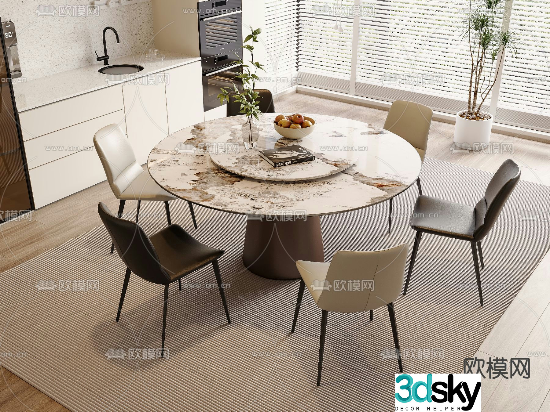 Round dining table and chairs slate dining table 3d model
