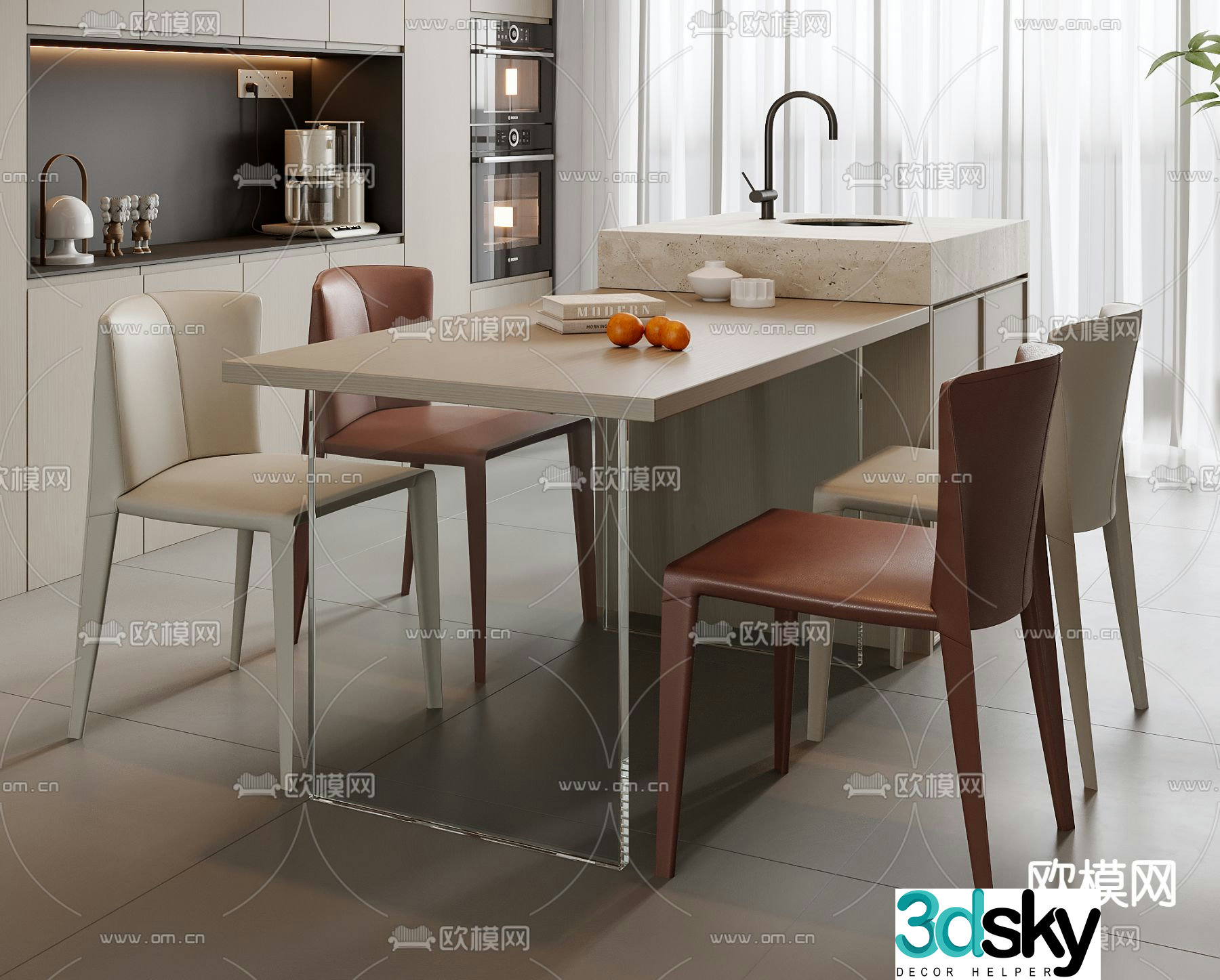 Island table dining table and chair combination 3d model