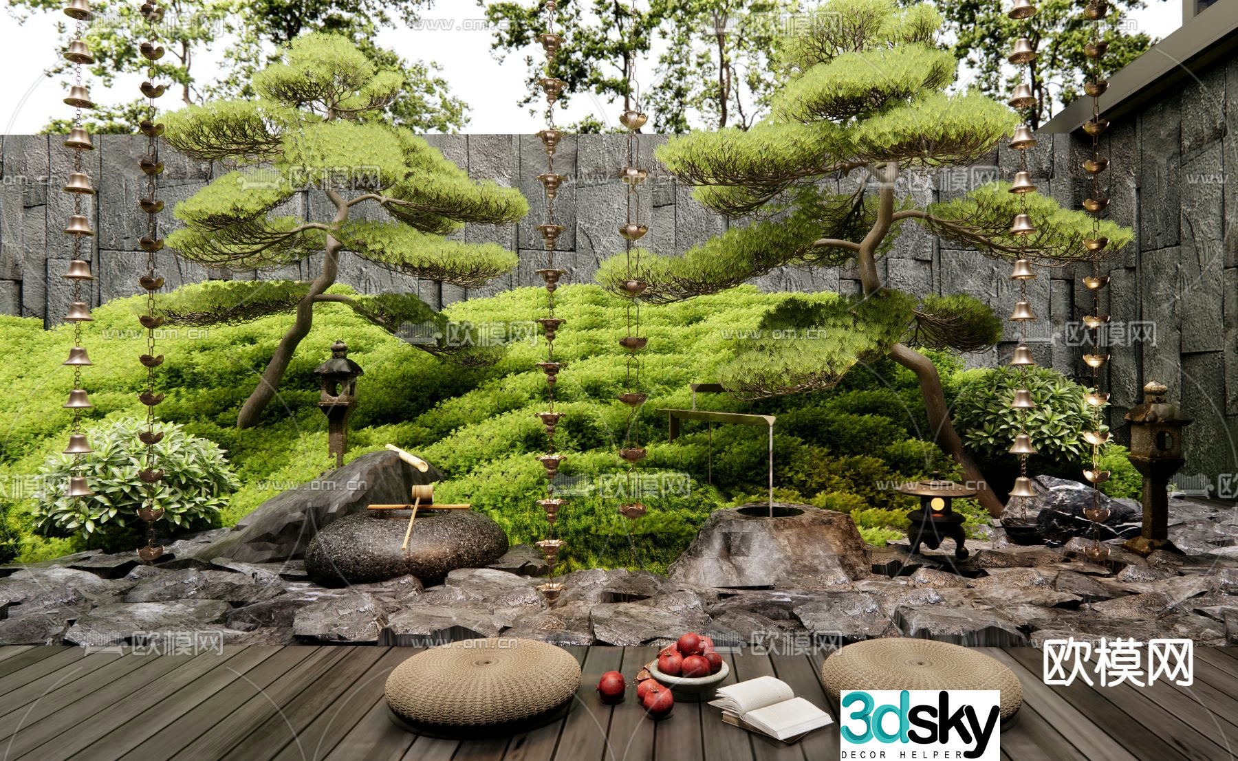 Courtyard landscape pine tree landscaping rain ripple 3d model